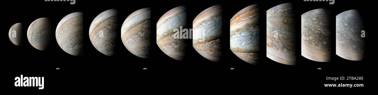 Sequenza di immagini a colori del pianeta Giove prese dalla navicella spaziale Juno nel 2017. Foto Stock