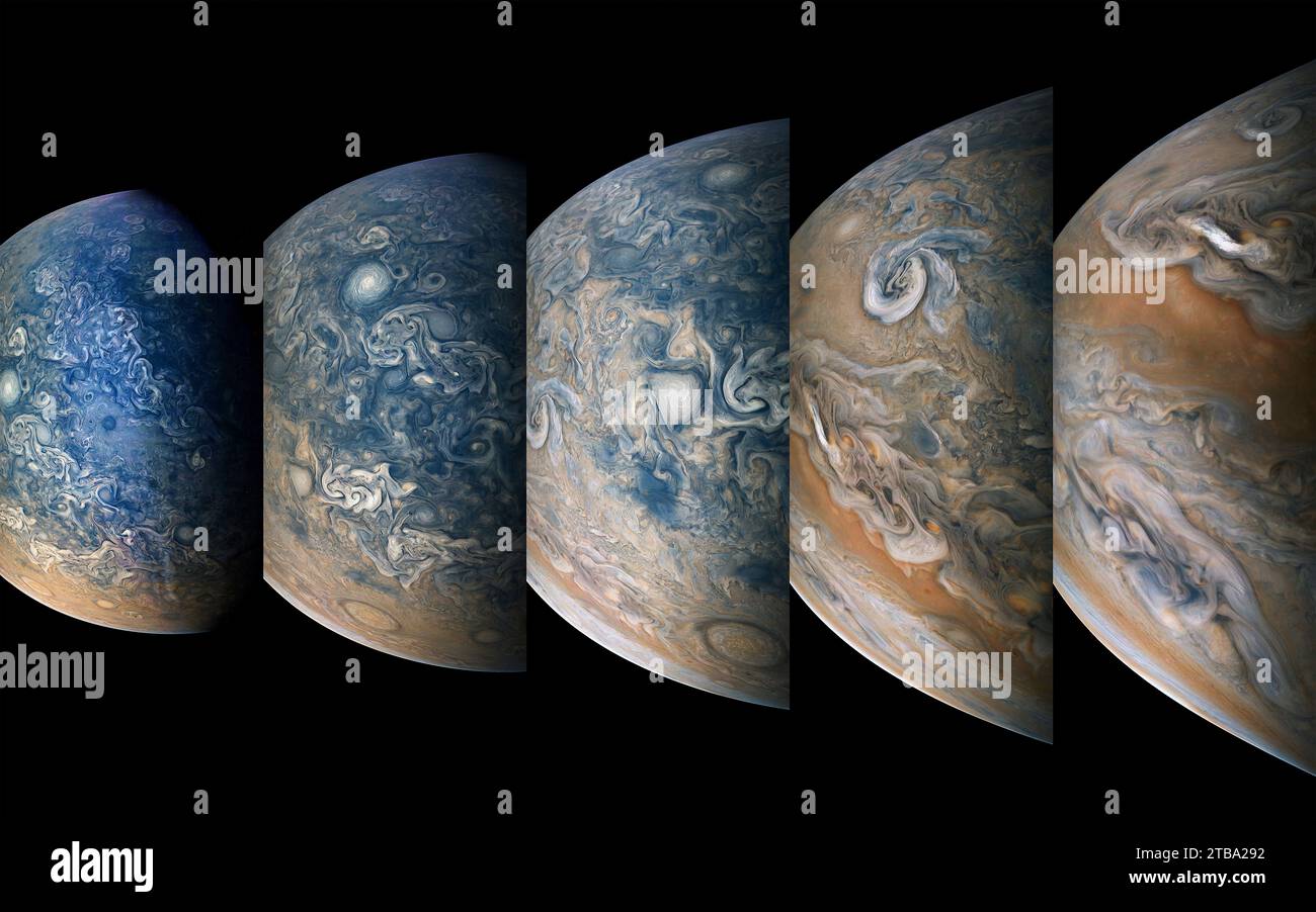 Caratteristiche suggestive dell'emisfero settentrionale di Giove catturate dalla navicella spaziale Juno. Foto Stock
