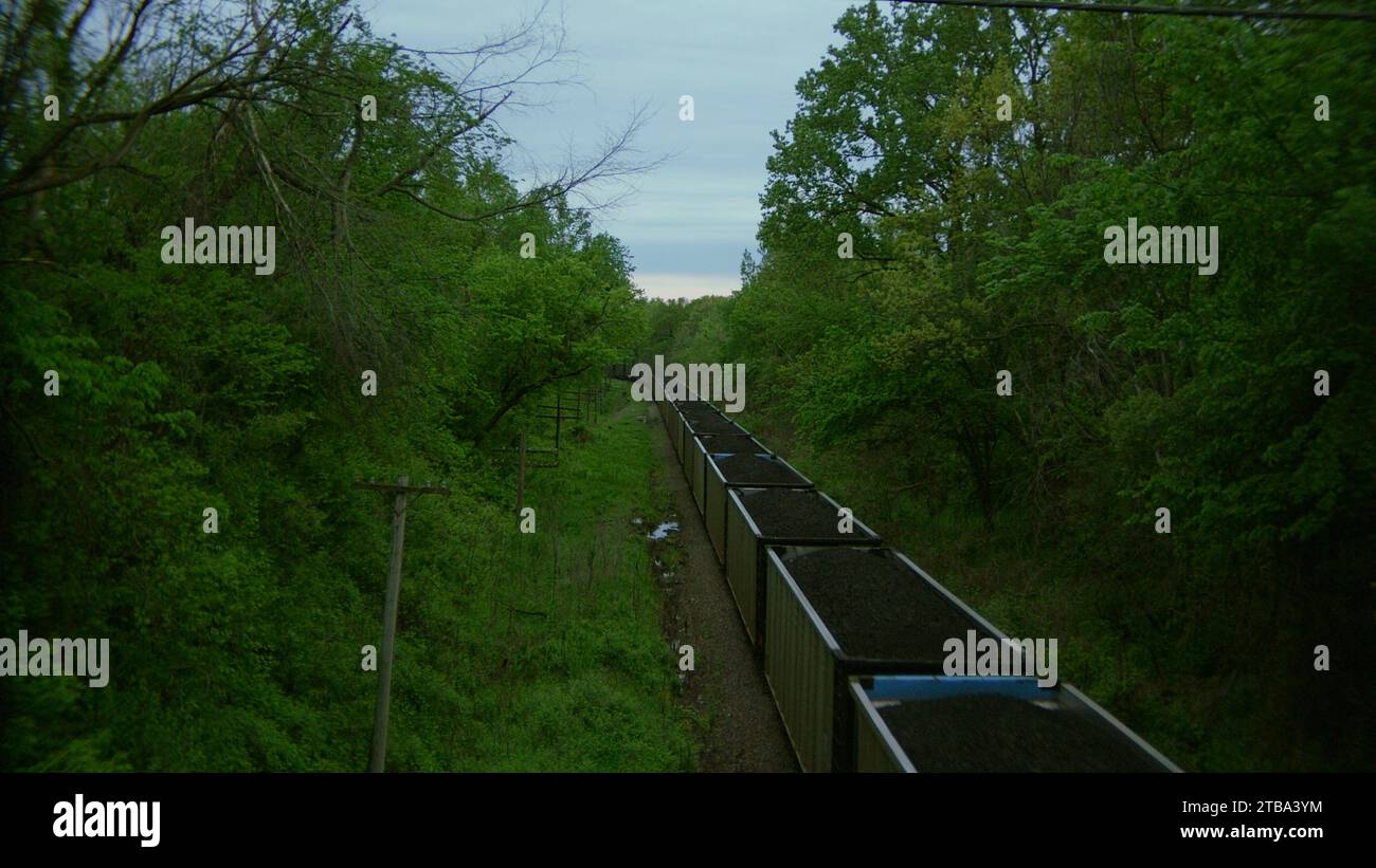 Treno merci che trasporta carbone che passa attraverso boschi lussureggianti al crepuscolo durante l'altezza della primavera. Grandangolo con inclinazione/panoramica lenta verso il basso fino a shot medio di co Foto Stock