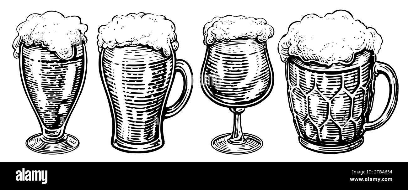 Birra in tazze e bicchieri, set. Disegno a mano illustrazione vintage Foto Stock