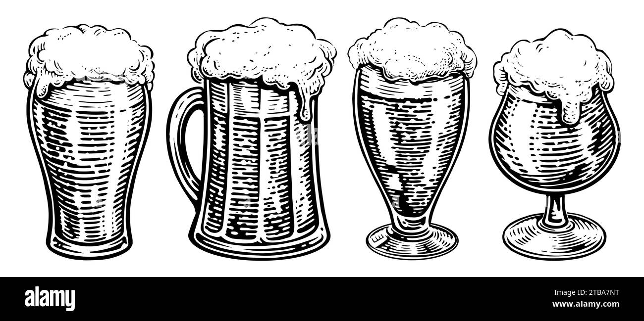 Set di bicchieri da birra, tazze isolate su sfondo bianco. Illustrazione dell'incisione vintage disegnata a mano Foto Stock