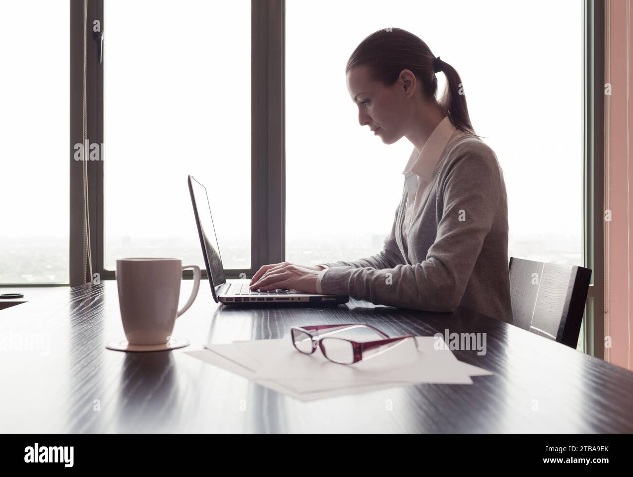 Donna d'affari che lavora al computer del suo ufficio Foto Stock