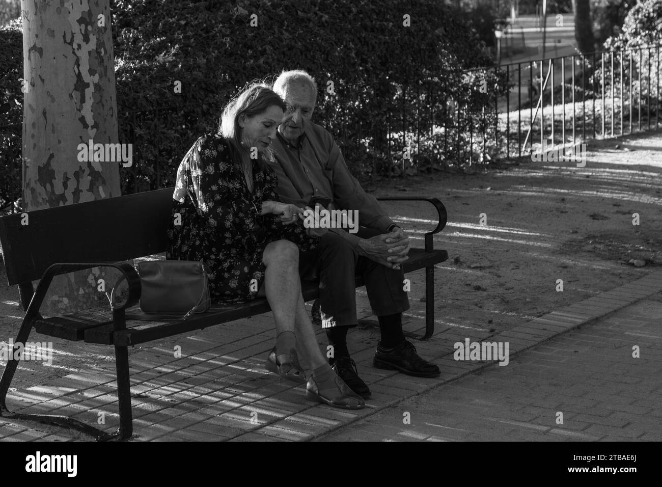 Uomo e donna in età avanzata che guarda uno smartphone seduto su una panchina al Parque de la Montaña di Madrid, Sapin Foto Stock
