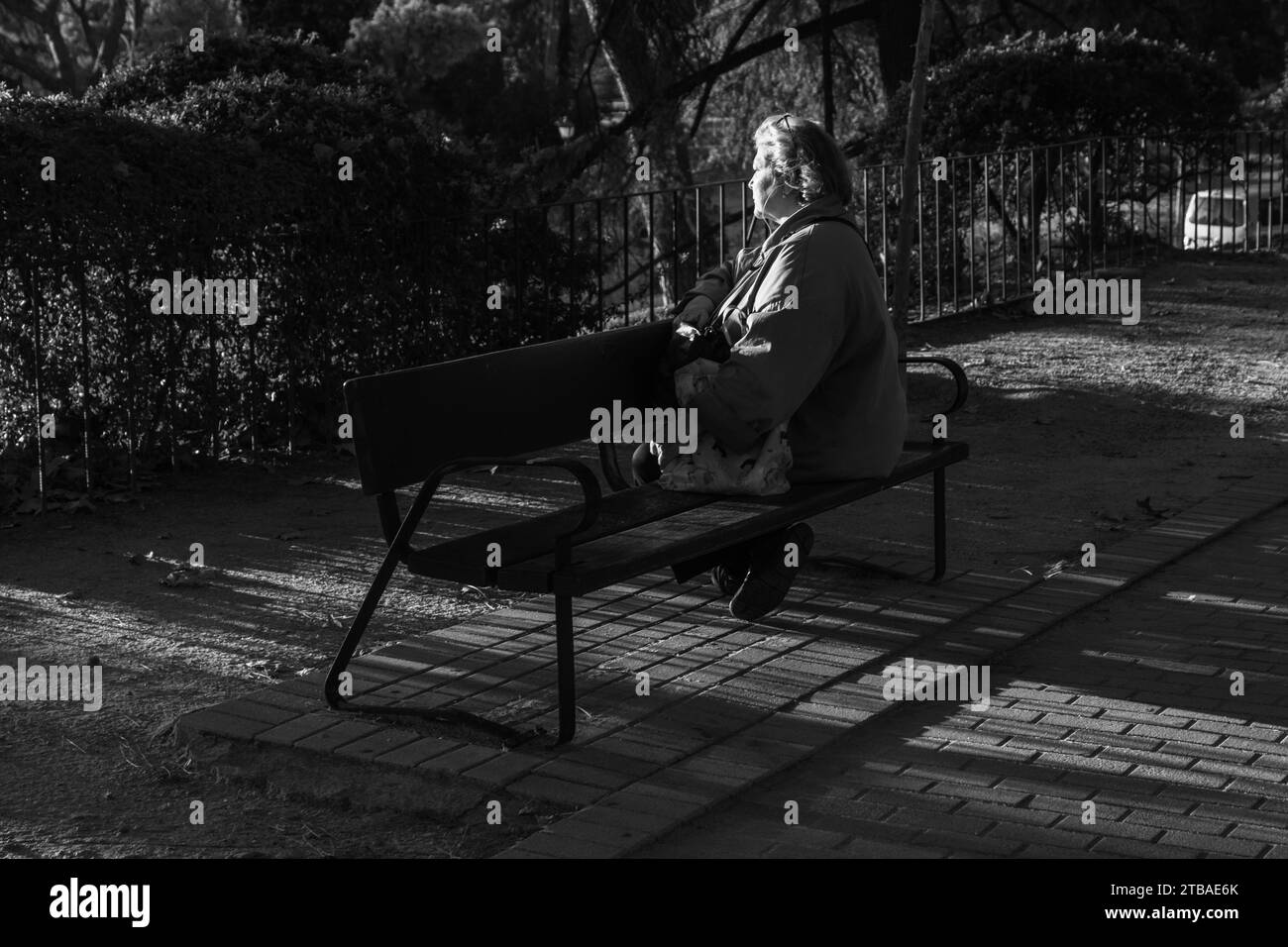 Donna seduta su una panchina al Parque de la Montaña a Madrid, Sapin Foto Stock