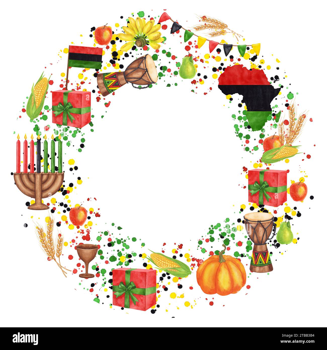 Telaio a corona tonda Kwanzaa. Vacanze afro-americane. Kinara, sette candele incendiate, raccolta: Zucca, banane, mais, grano, bandiera della mappa, regalo. La mano Foto Stock