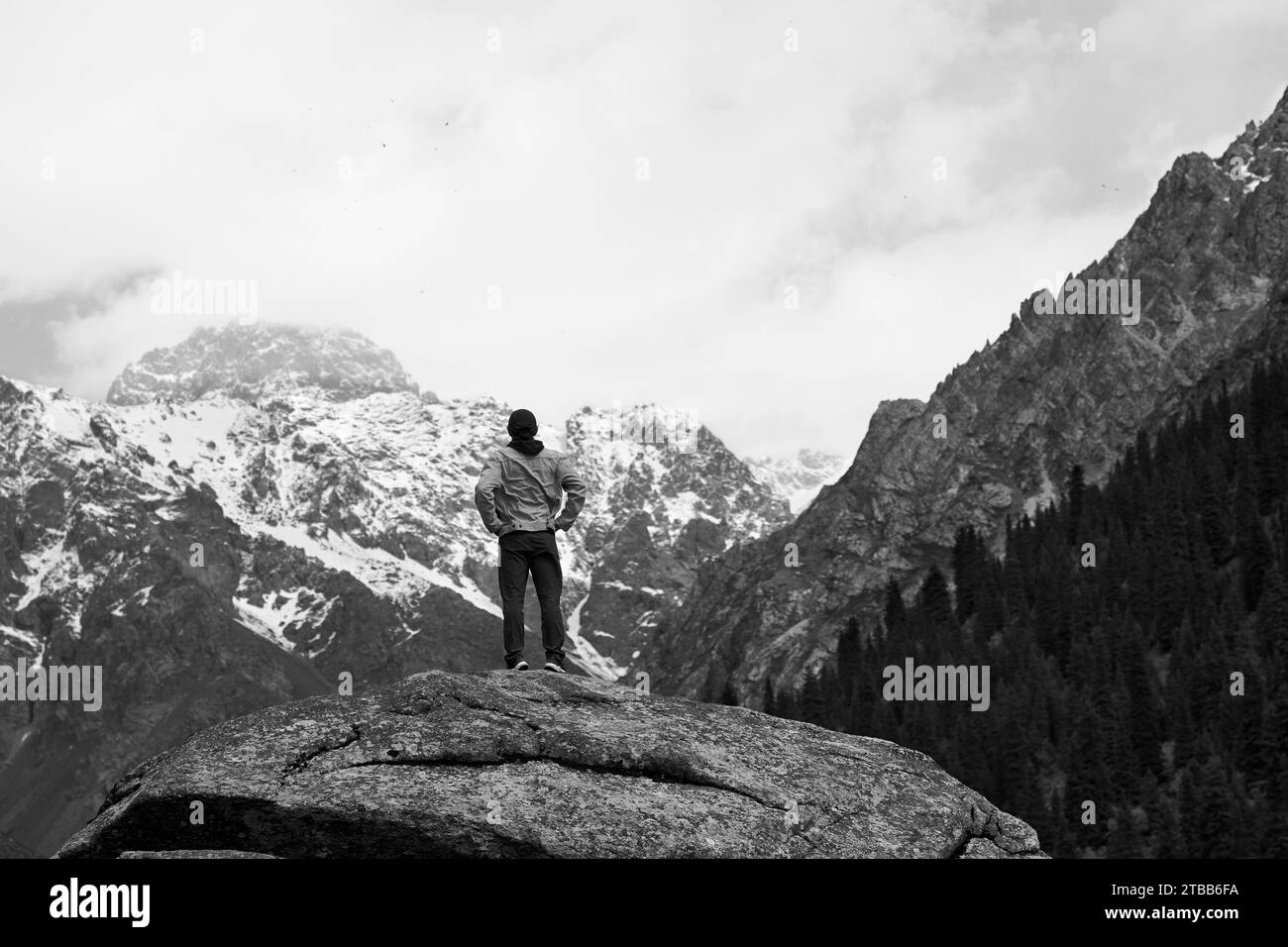 Vista posteriore di un viaggiatore asiatico in cima a una roccia che guarda una montagna di neve nello Xinjiang, Cina Foto Stock