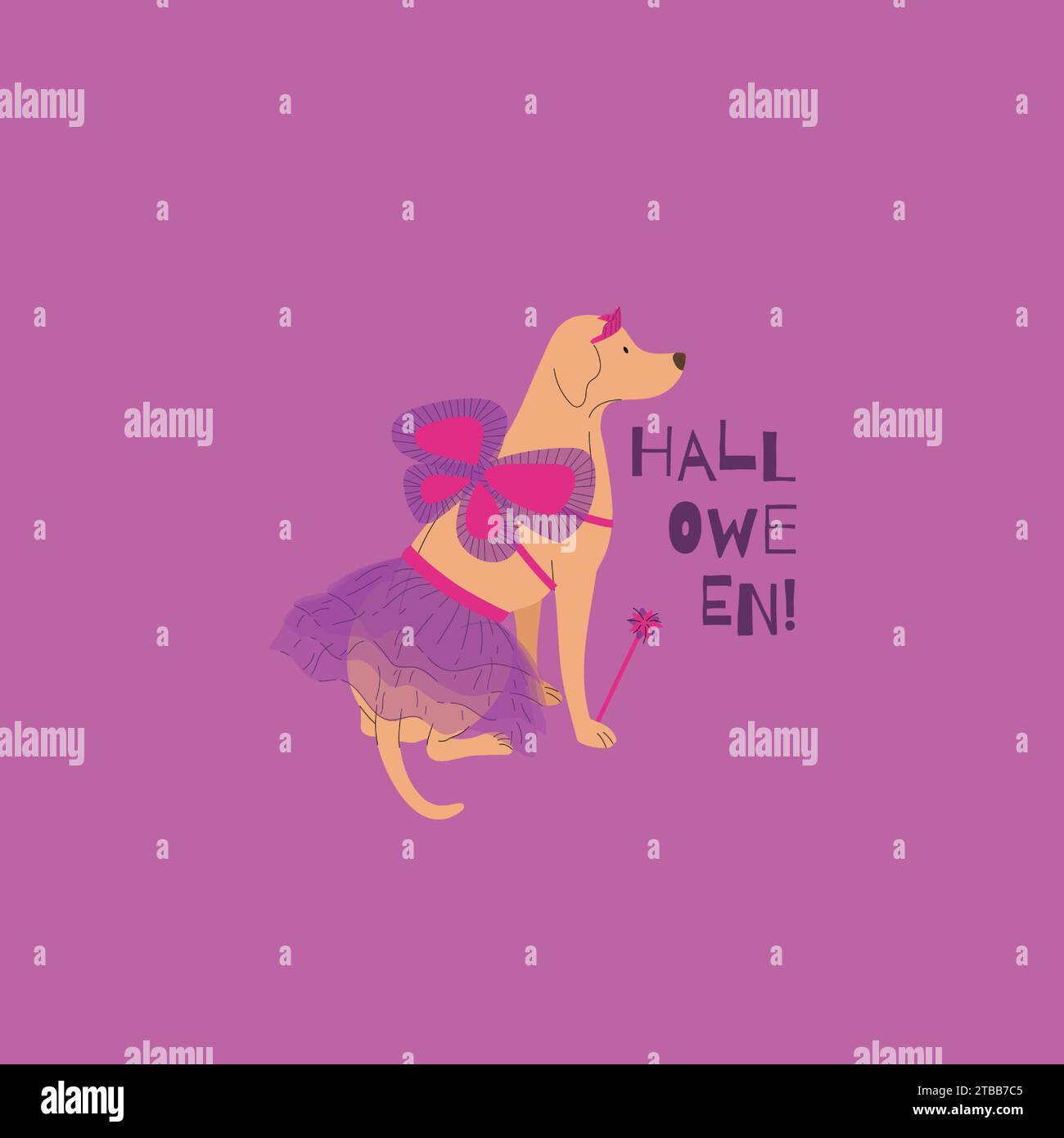 Labrador in costume da fiaba di Halloween. Felice illustrazione vettoriale di Halloween. Ideale per cartoline di vacanza, decorazioni, inviti e adesivi Illustrazione Vettoriale