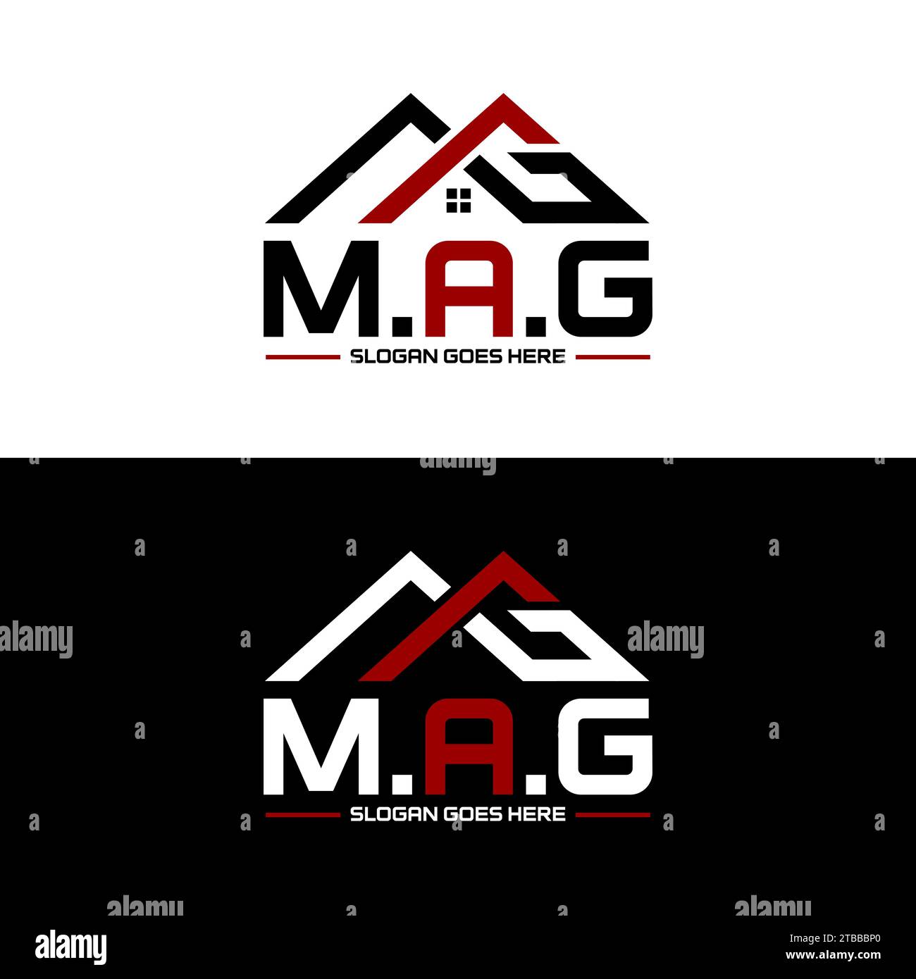 Idea creativa di design del logo AMG e MAG. Logo lettera MAG Home per l'azienda edile Illustrazione Vettoriale