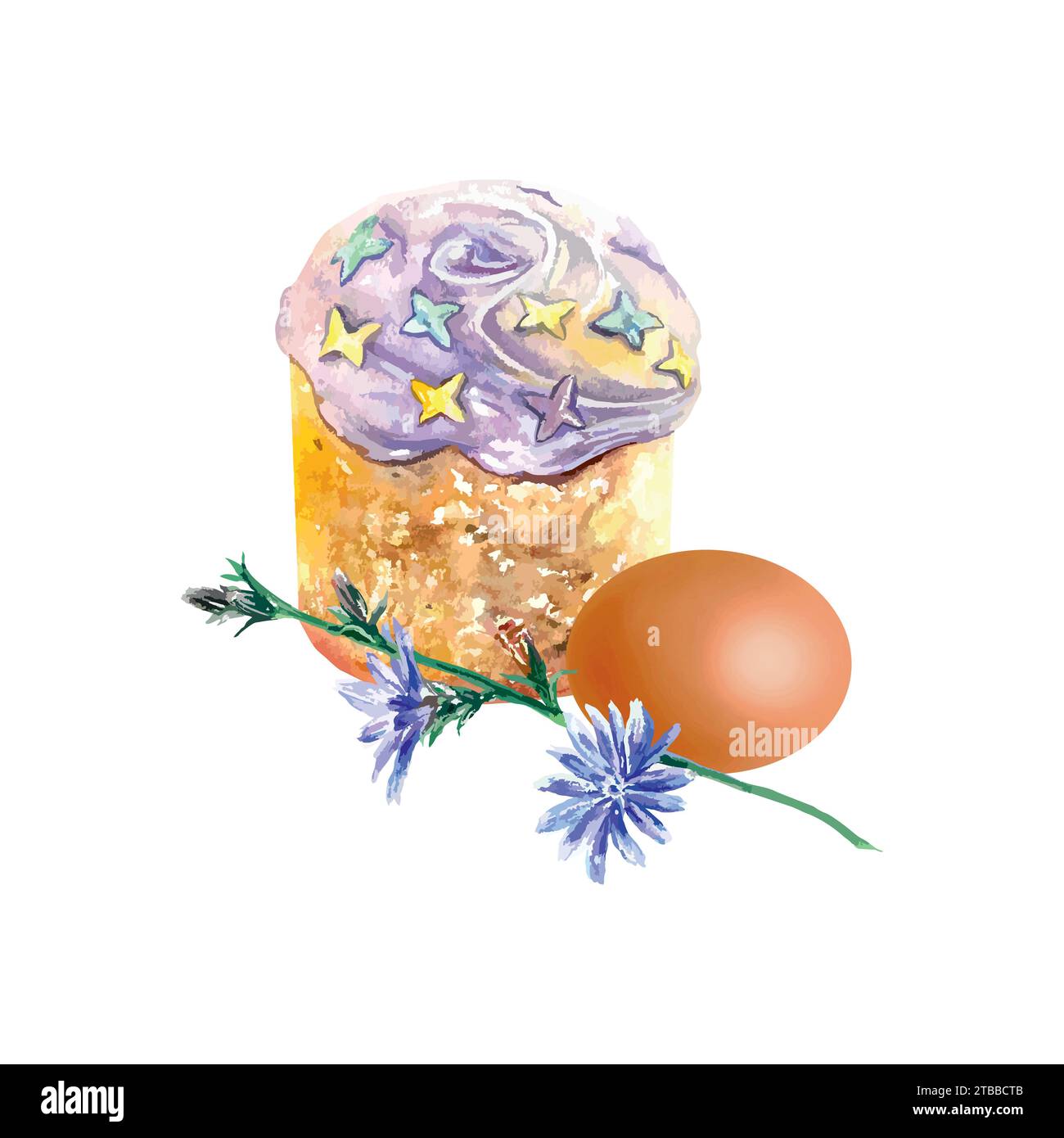Torta pasquale, uova e cornamusa. Illustrazione vettoriale in stile acquerello. Elemento di design per biglietti di auguri, inviti, banner festivi, copertine. Illustrazione Vettoriale