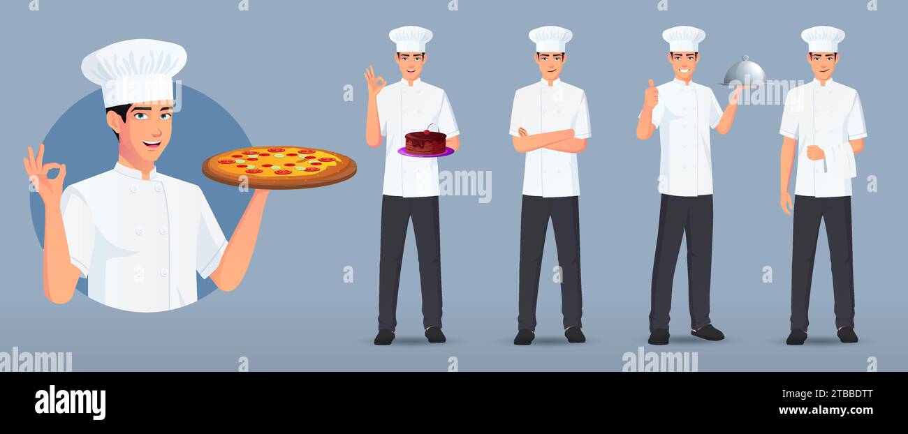 Logo dello chef e personaggio del cuoco in varie pose e gesti, torta per il trasporto dello chef in piedi, pizza, piatto da portata, braccia piegate Illustrazione Vettoriale
