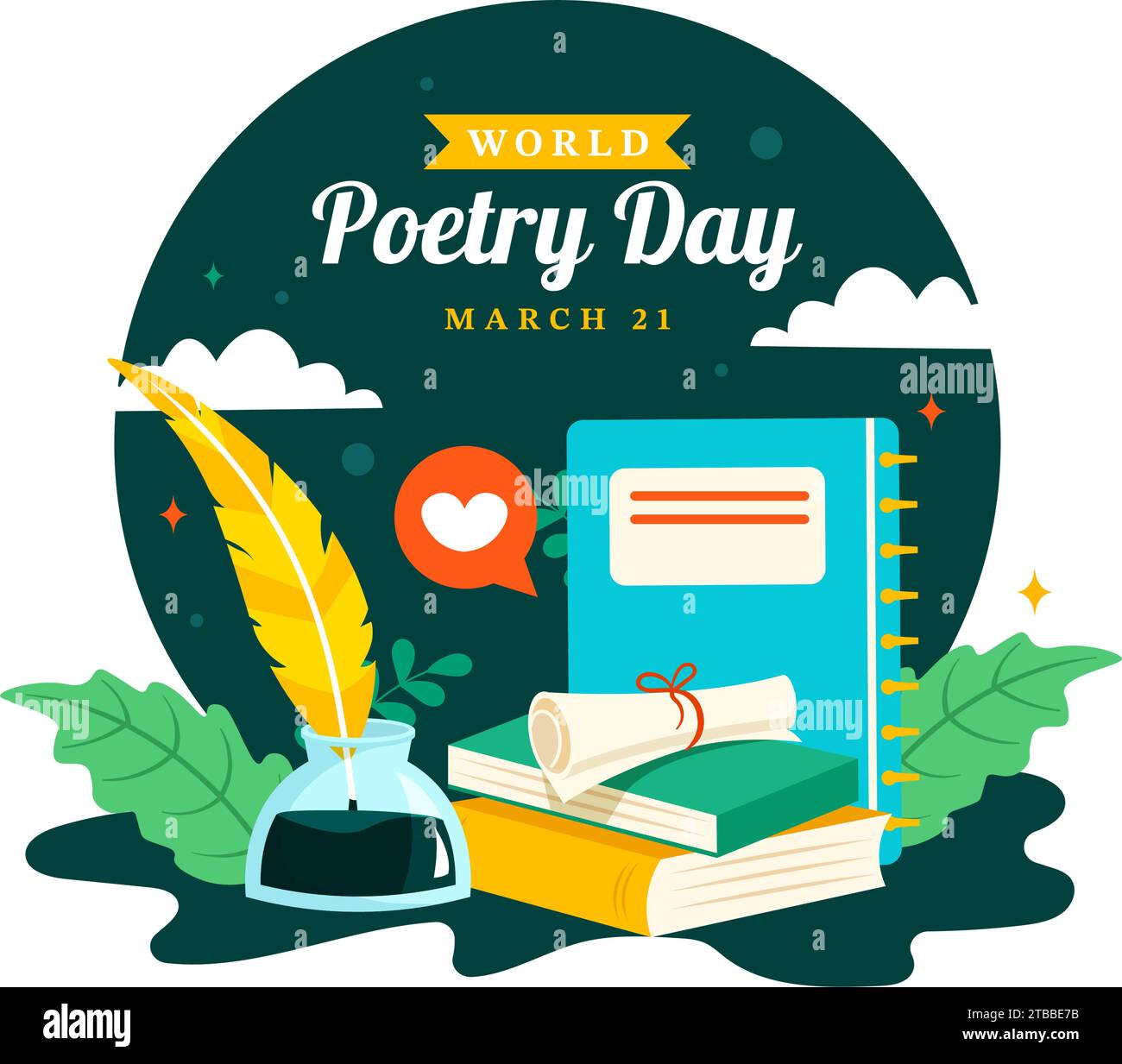 Illustrazione vettoriale della giornata mondiale della poesia il 21 marzo con un Quill, Ink, Paper, Typewriter e Book to Writing in Literature Flat Cartoon background Illustrazione Vettoriale