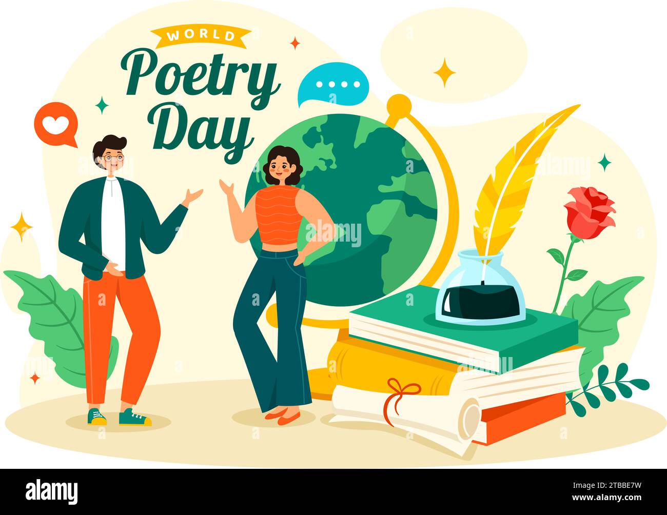 Illustrazione vettoriale della giornata mondiale della poesia il 21 marzo con un Quill, Ink, Paper, Typewriter e Book to Writing in Literature Flat Cartoon background Illustrazione Vettoriale