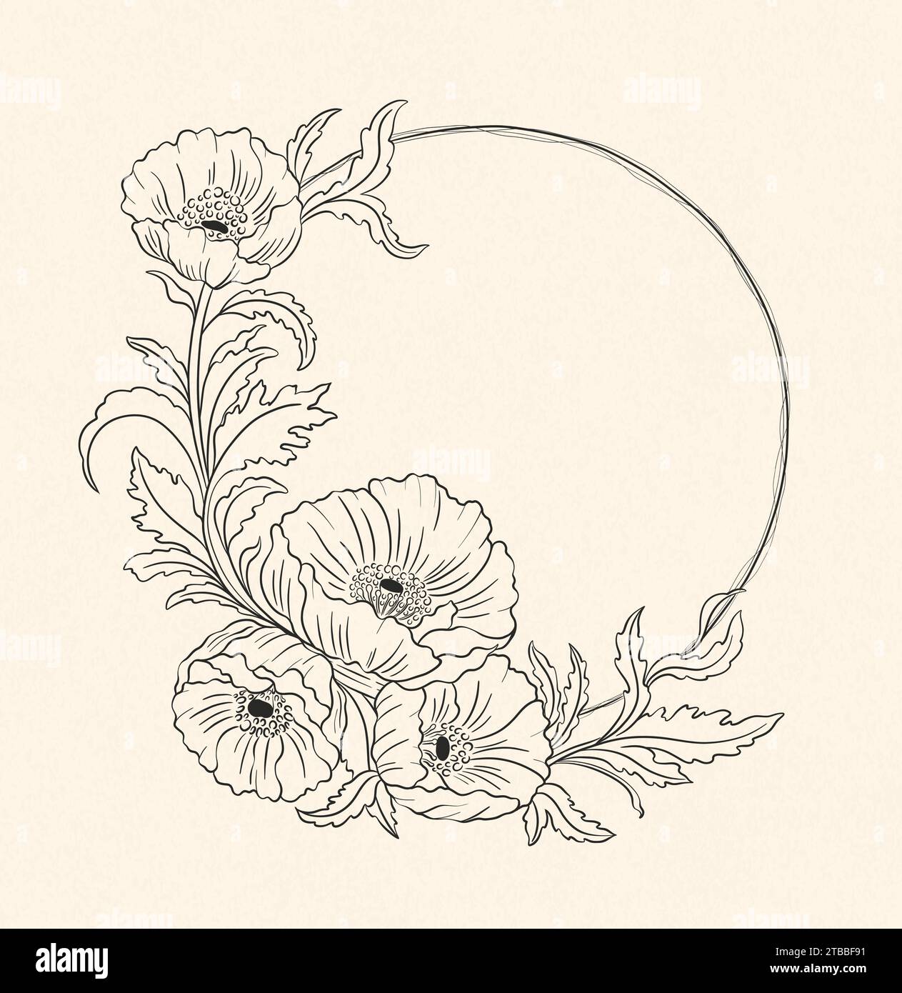 Pianta floreale di papavero in art nouveau 1920-1930. Disegnato a mano con trame di linee, foglie e fiori. Illustrazione Vettoriale
