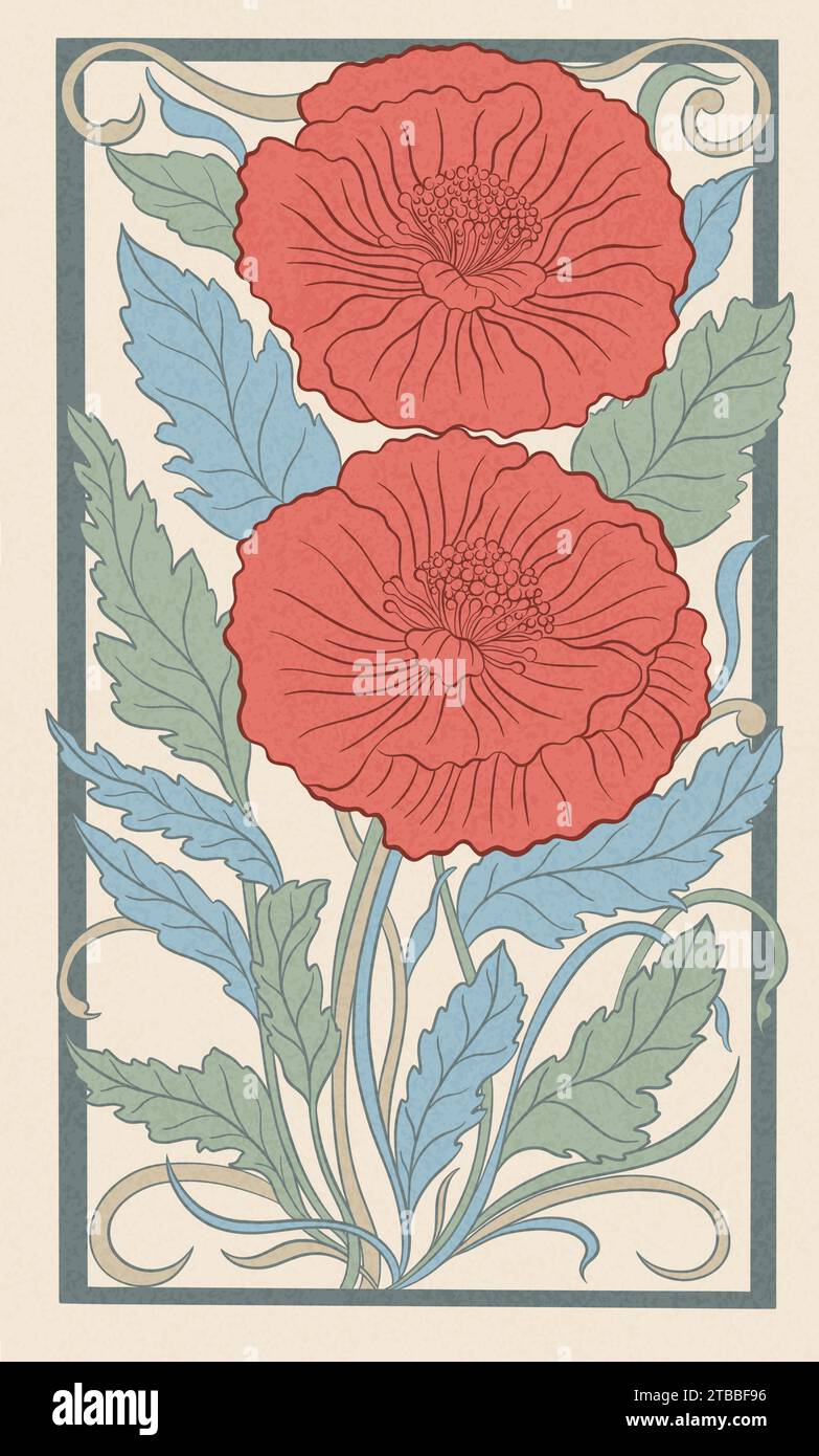 Pianta floreale di papavero in art nouveau 1920-1930. Disegnato a mano con trame di linee, foglie e fiori. Illustrazione Vettoriale
