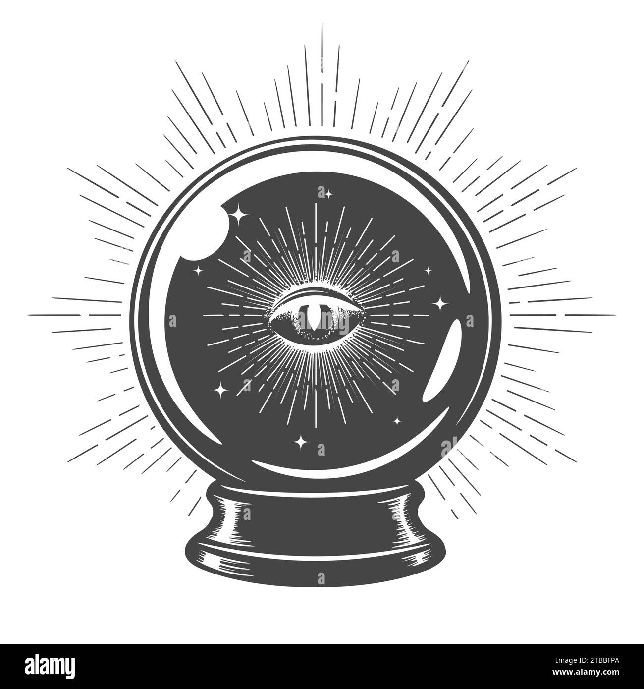 Sfera di cristallo magica disegnata a mano con Eye of Providence all'interno. Isolato su illustrazione vettoriale bianca. Non è stata utilizzata alcuna IA. Illustrazione Vettoriale