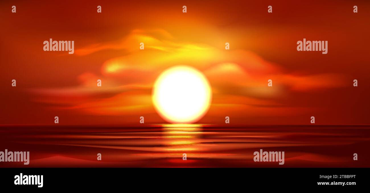 Red Sundown Seascape. In tarda serata Sunburst superficie oceanica di riflessione sfondo orizzontale. Illustrazione vettoriale. Non è stata utilizzata alcuna IA. Illustrazione Vettoriale