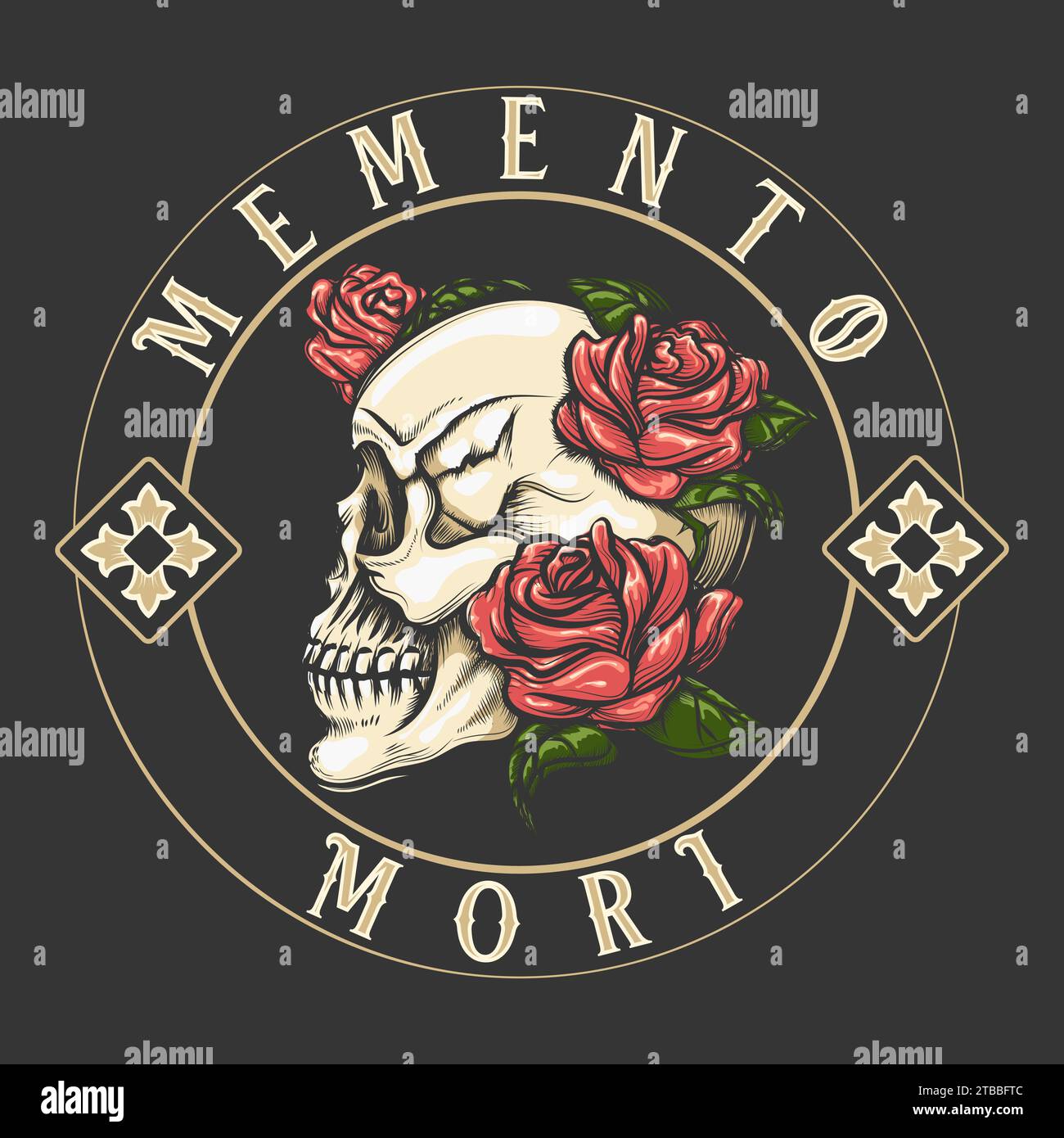 Teschio con fiori di rosa con iscrizione latina Memento Mori cosa significa ricorda morte incisione tatuaggio. Illustrazione vettoriale. Non è stata utilizzata alcuna IA. Illustrazione Vettoriale