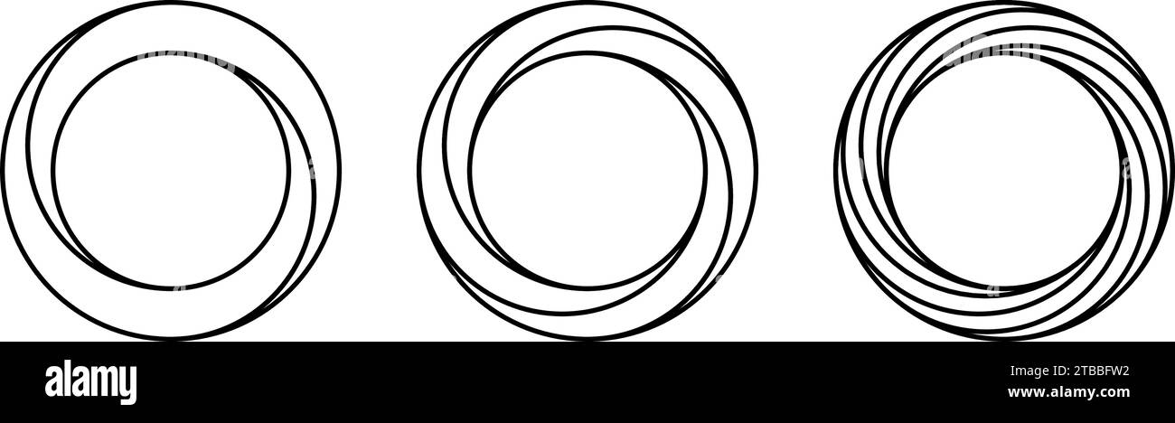 Set di forme circolari impossibili. Anelli di illusione ottica lineare. Delineare le strisce mobius. Loop infinito. Forme geometriche irreali astratte. Elementi di design puzzle lineari per logo, icona, etichetta, tag. Vettore Illustrazione Vettoriale