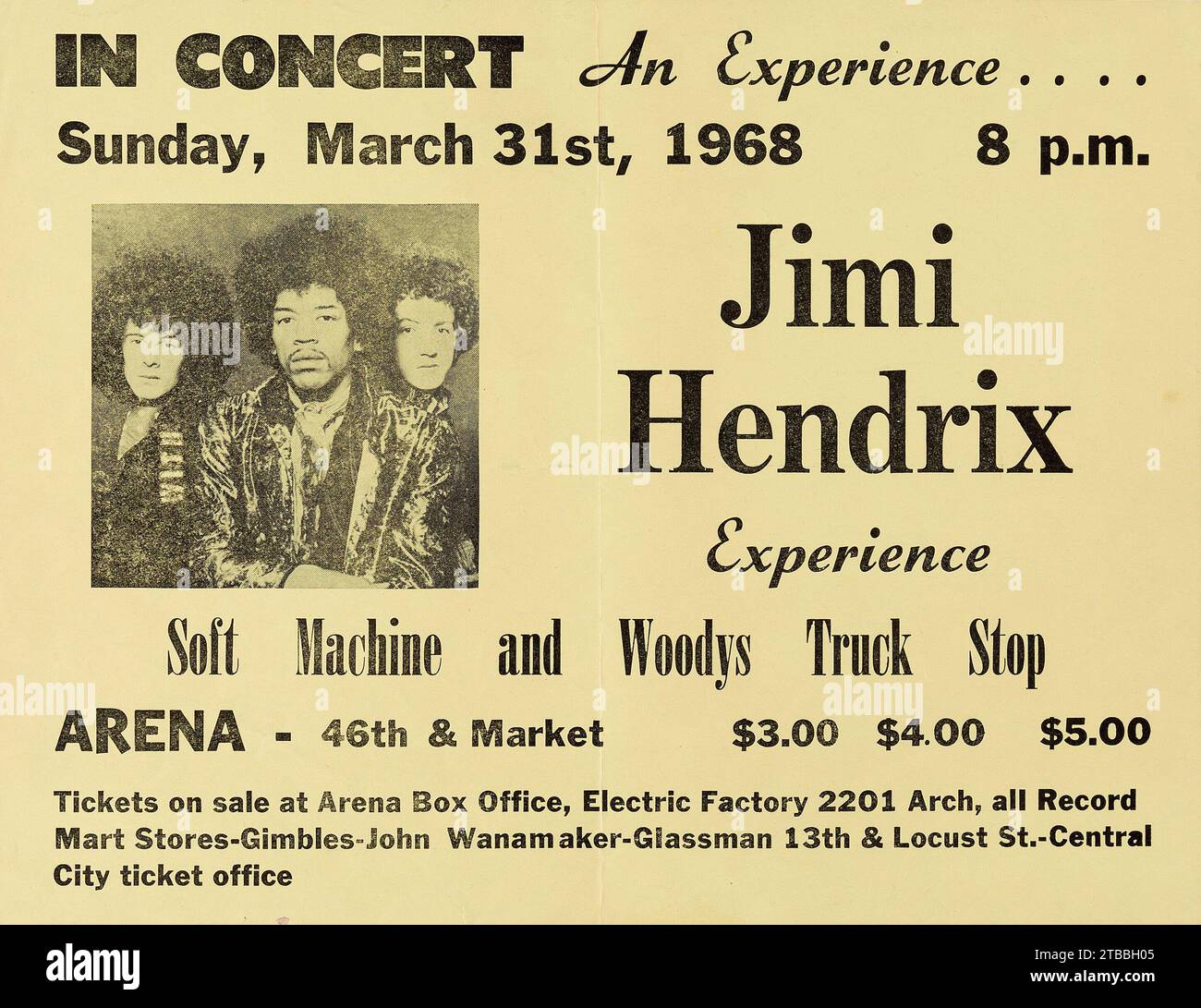 Jimi Hendrix Experience 1968 Philadelphia, PA Concert Handbill Foto Stock