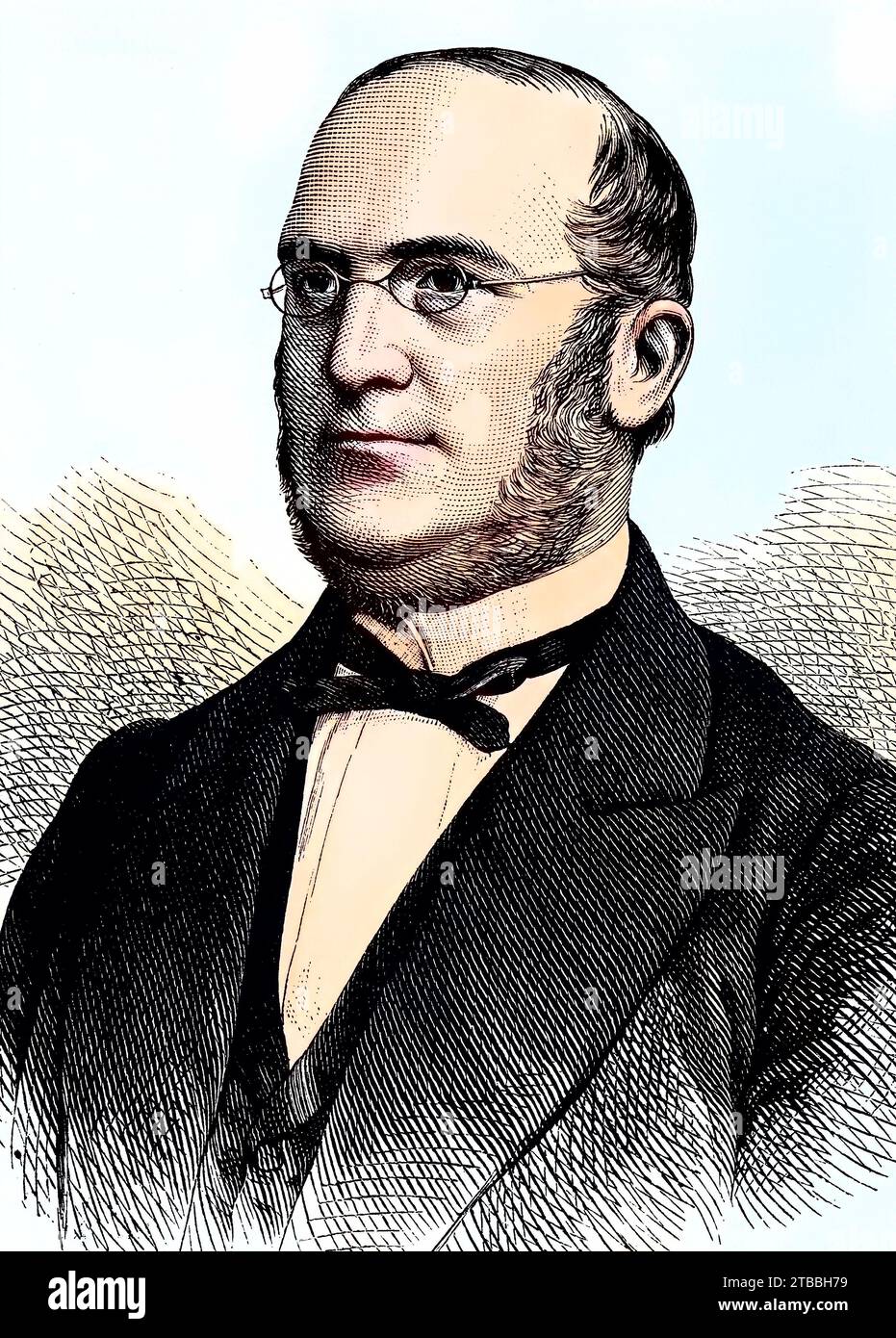 Adolph Wilhelm Hermann Kolbe, 1818 - 1884, ein deutscher Chemiker, Hat mit der Elektrolyse von Carbonsäuren eine Verknüpfungsmöglichkeit der Alkylreste von Säuren entdeckt und stellte erstmals Salicylsäure aus Phenolat und Kohlendioxid Her, Historisch, digital restaurierte Reproduktion von einer Vorlage aus dem 19. Jahrhundert / Adolph Wilhelm Hermann Kolbe, 1818 - 1884, un chimico tedesco, scoprì un modo per collegare i radicali alchilici degli acidi mediante elettrolisi degli acidi carbossilici e fu il primo a produrre acido salicilico da fenolato e anidride carbonica, storico, restaurato digitalmente Foto Stock