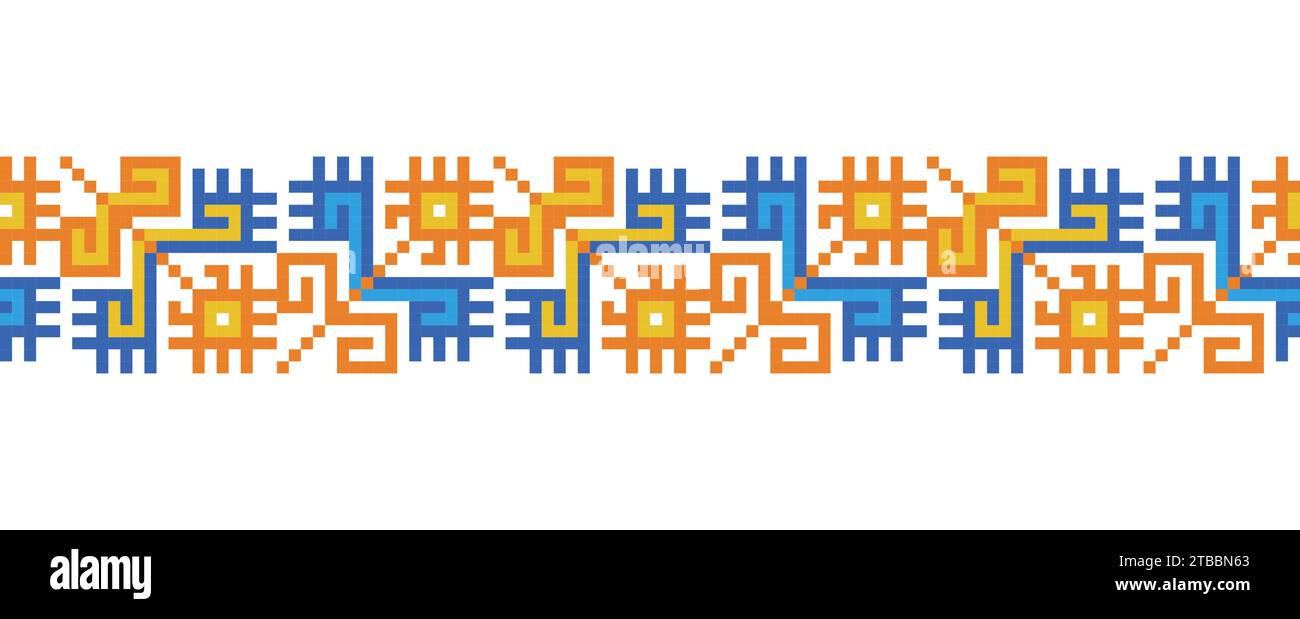 Ornamento vettoriale giallo e blu ucraino, motivo di confine. Ornamento da ricamo tradizionale ucraino. Pixel art, vyshyvanka, cross stitch Illustrazione Vettoriale