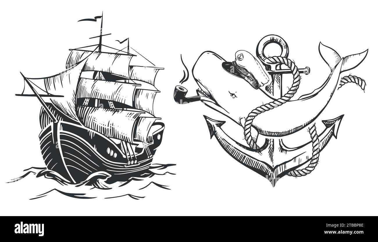 Cappellino bianco con un cappellino da capitano e una pipa fumante in bocca. Una barca a vela naviga sulle onde con vele rialzate. Sketch del tatuaggio della vecchia scuola. Illustrazione Vettoriale