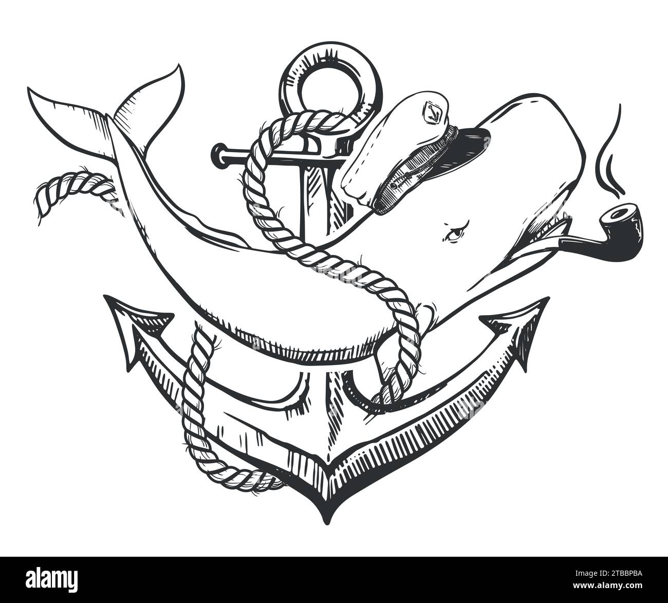 Capodoglio bianco in un berretto capitan e con una pipa fumante in bocca. Un'illustrazione creativa di una balena intrecciata con una corda all'ancora. Vecchia scuola Illustrazione Vettoriale