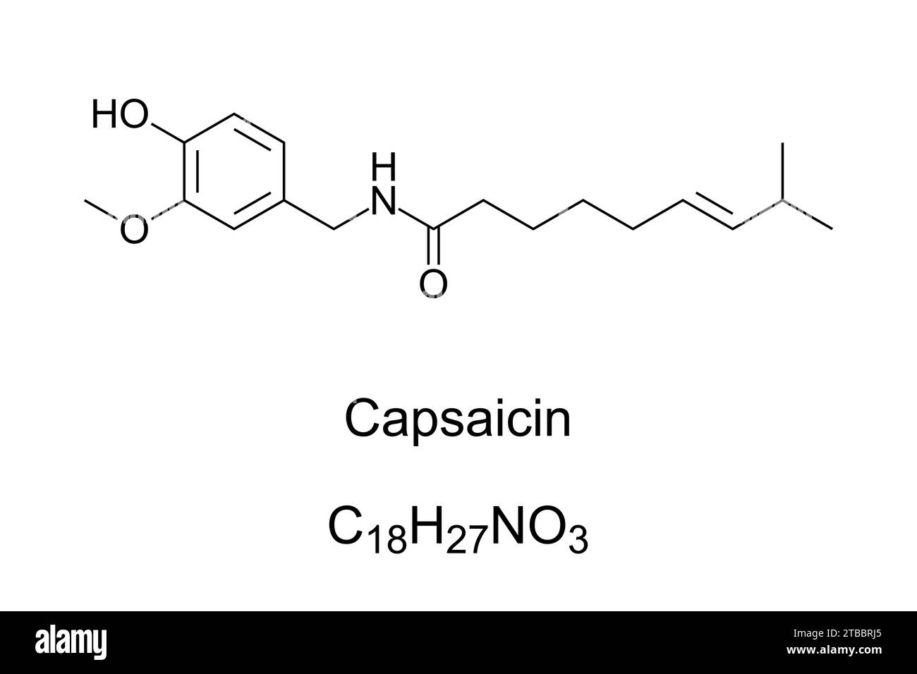 Capsaicina, formula chimica e struttura. Componente attivo dei peperoncini peperoncini, piante appartenenti al genere Capsicum. Irritante chimico e neurotossina. Foto Stock