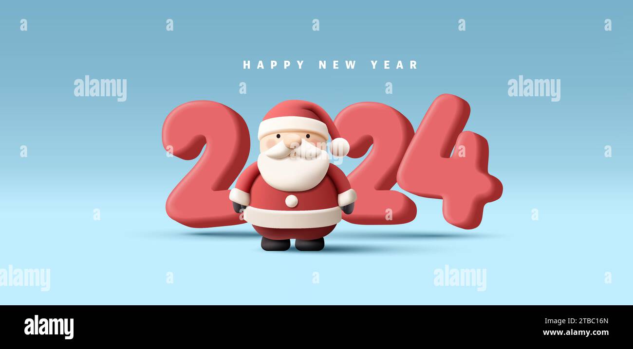 Numero felice anno nuovo 2024 con rendering 3d Babbo Natale invece di zero, moderno e realistico messaggio di saluto, cartolina o banner con personaggio cartoni animati, iso Illustrazione Vettoriale