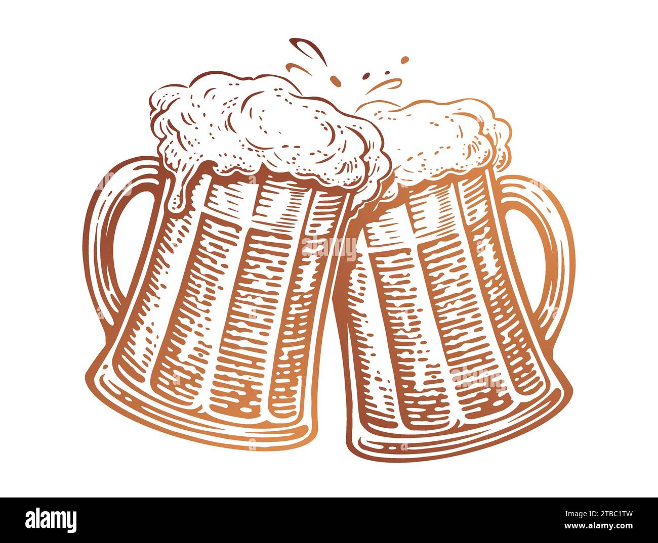 Brindisi, due tazze da birra. Bicchieri in vetro con un sacco di birra e spruzzi di schiuma. Illustrazione vettoriale Illustrazione Vettoriale