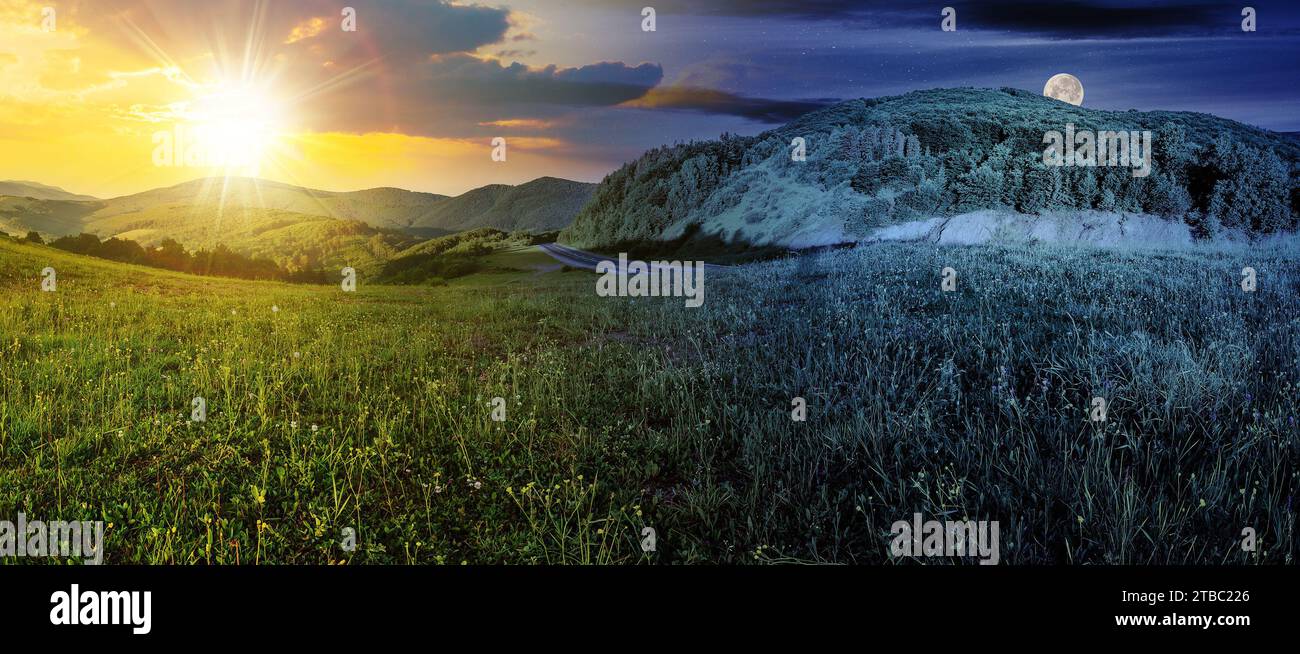 paesaggio montuoso con strada asfaltata che si snoda attraverso la valle con sole e luna sul cielo. il concetto cambia giorno e notte. panorama di countr Foto Stock