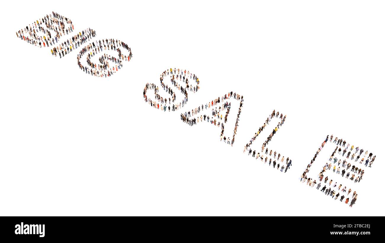 Concetto o grande comunità concettuale di persone che formano UNO slogan DI VENDITA GRANDE. 3d metafora dell'illustrazione per il marketing, la promozione, lo shopping, il prezzo speciale Foto Stock