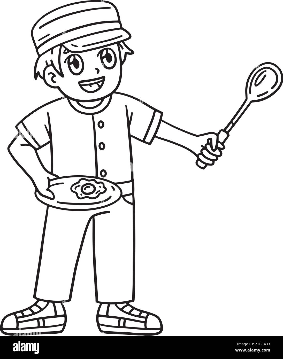 Camping camper Boy Cooking pagina isolata da colorare Illustrazione Vettoriale