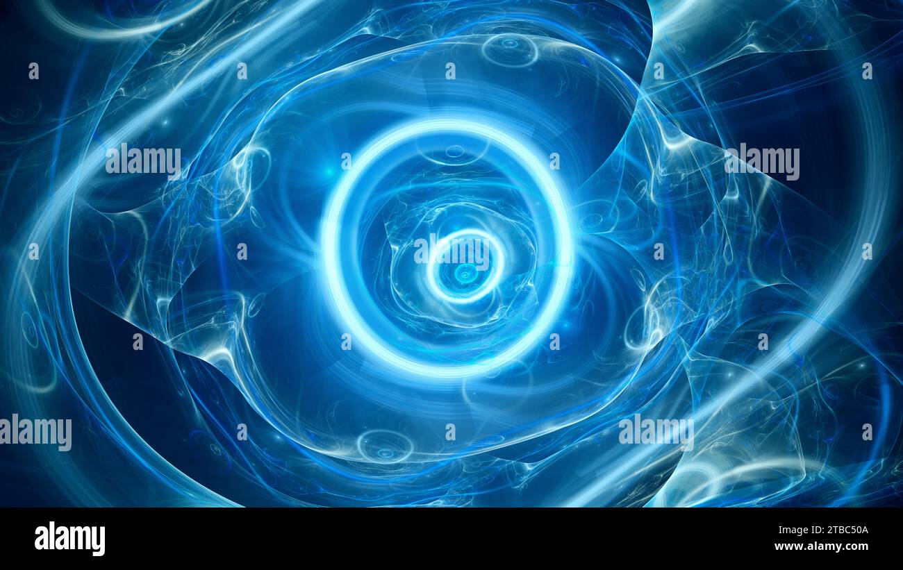 Energia circolare multidimensionale brillante blu nello spazio, sfondo astratto generato dal computer, rendering 3D. Foto Stock