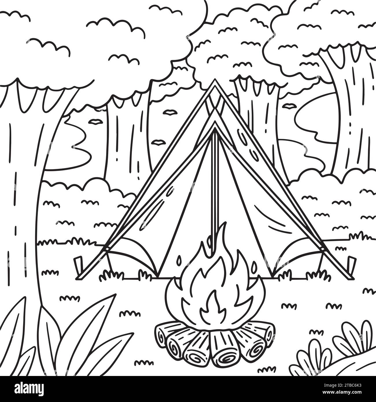 Tenda da da campeggio e pagina da colorare falò per bambini Illustrazione Vettoriale