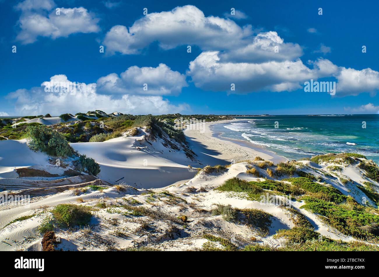 Paesaggio dune nella tranquilla Jurien Bay blu lungo la costa Midwest dell'Australia Occidentale. Foto Stock