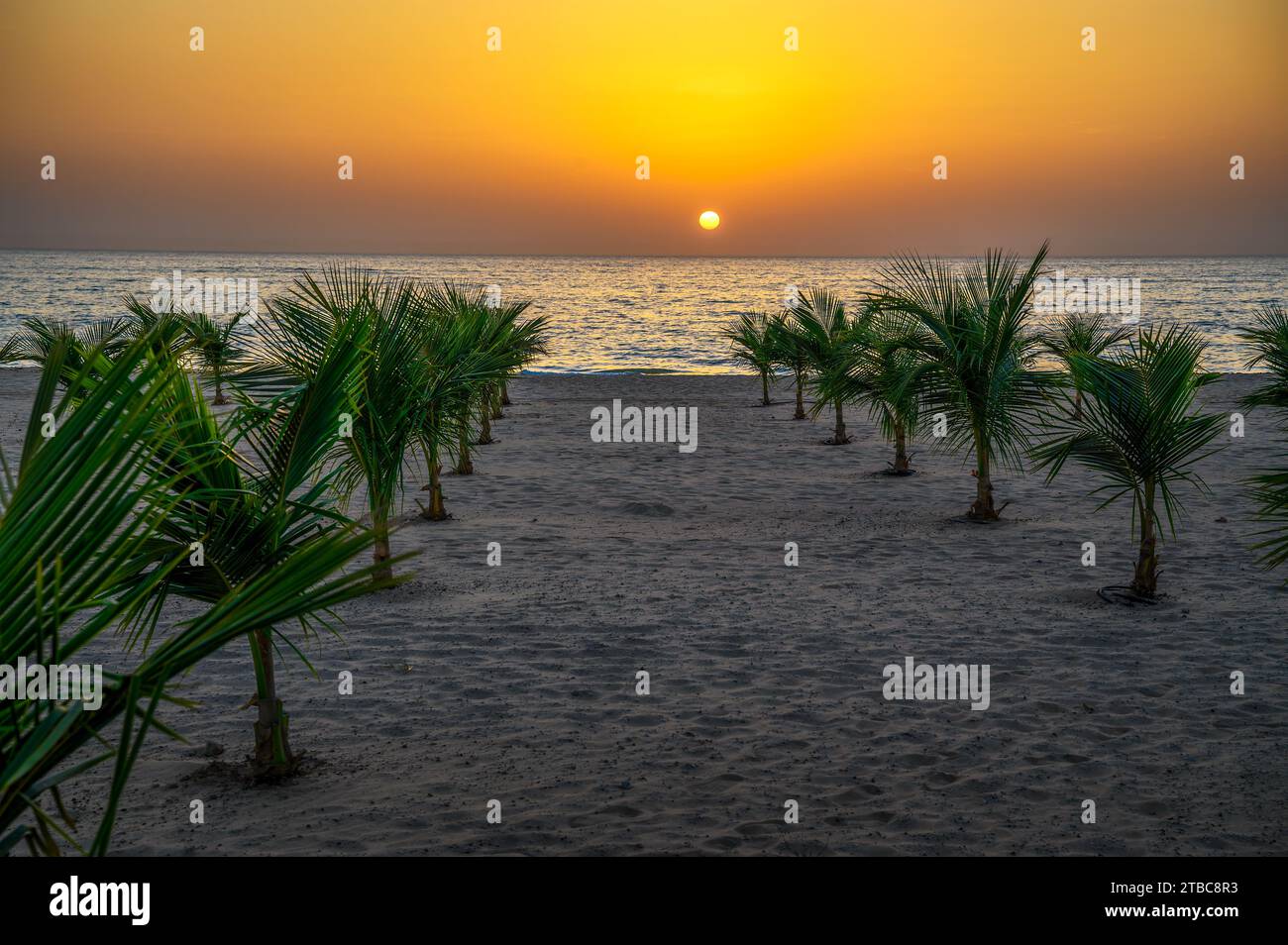 Tramonto sull'Oceano Atlantico e una spiaggia in Senegal, Africa Foto Stock