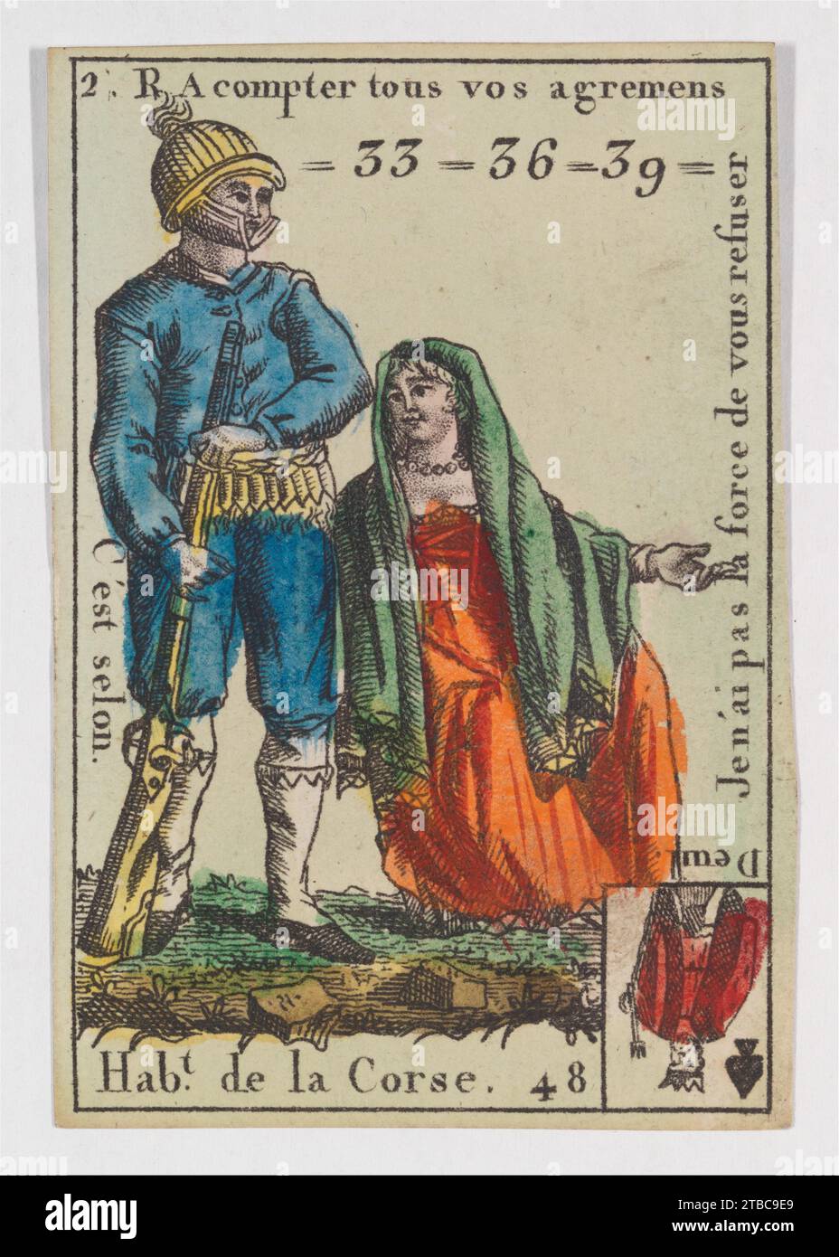 HAB.t de la Corse, dalle carte da gioco (per quartetti) 'Costumes des Peuples Etrangers' 1959 di Anonimo, francese, XVIII secolo Foto Stock