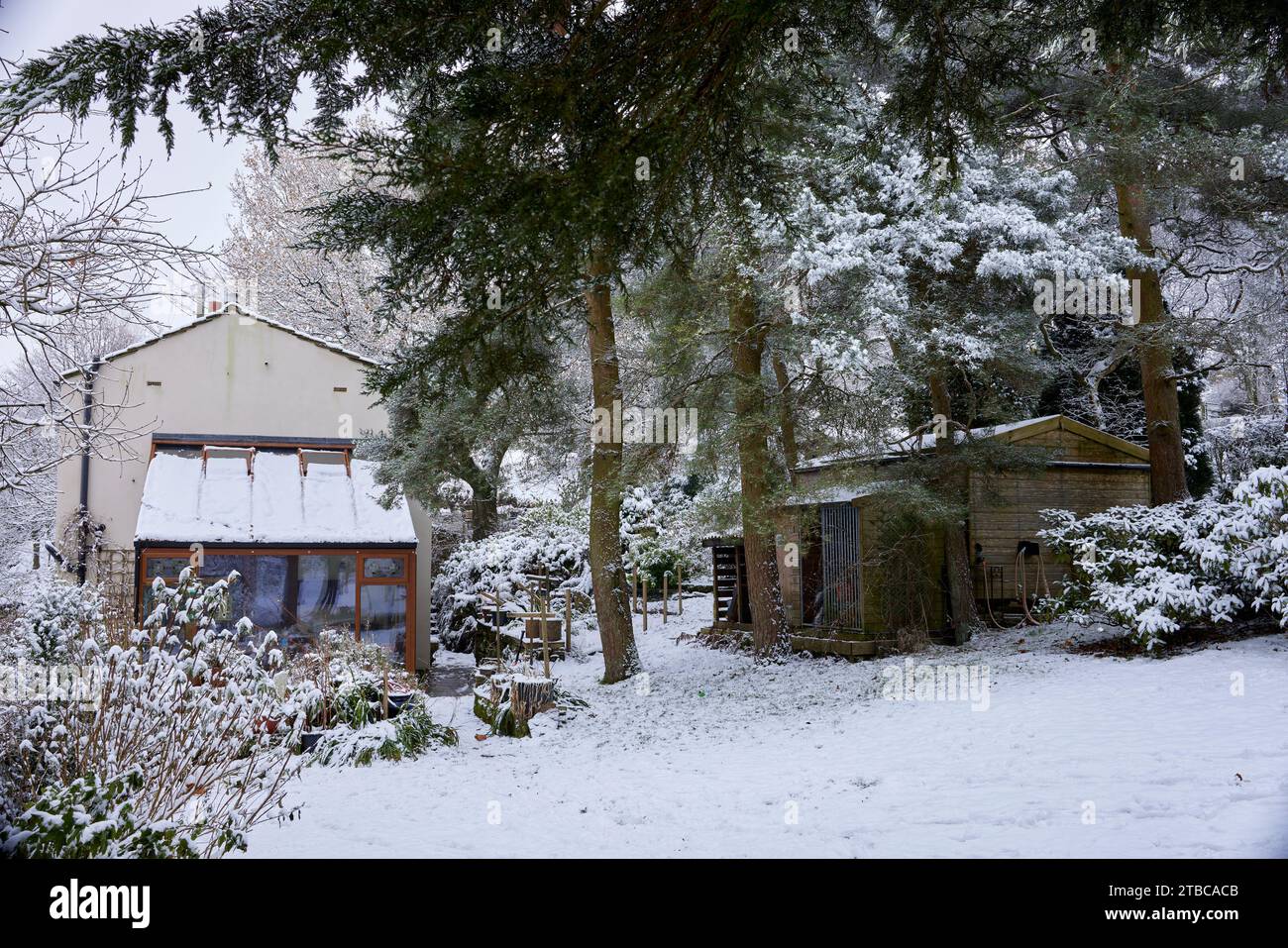 All'inizio di dicembre e un'improvvisa nevicata copre la piccola tenuta dei North Yorkshire Dales a 900 metri Foto Stock