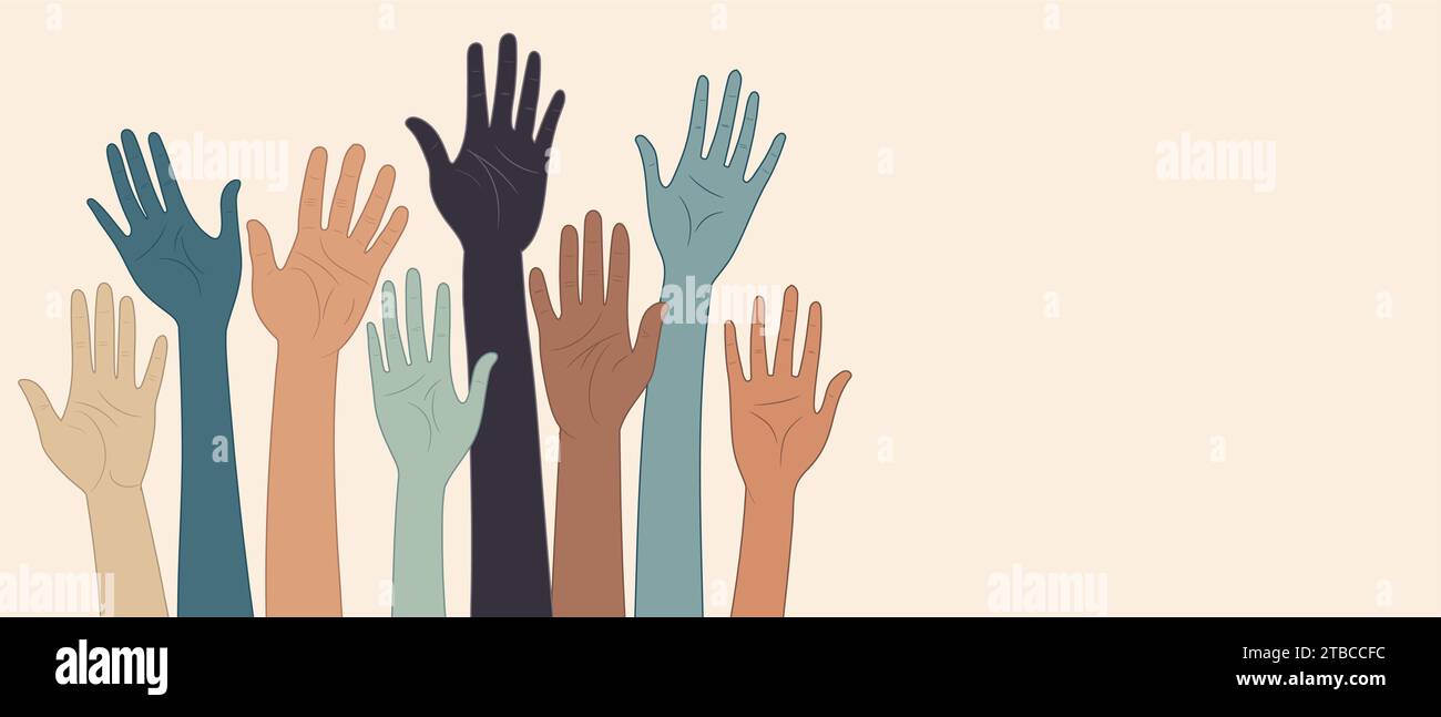 Alzate le mani di gruppo di diverse persone multiculturali.diversità delle persone. Lavoro di squadra comunità o concetto di cooperazione.cultura diversificata.uguaglianza razziale.unità Illustrazione Vettoriale