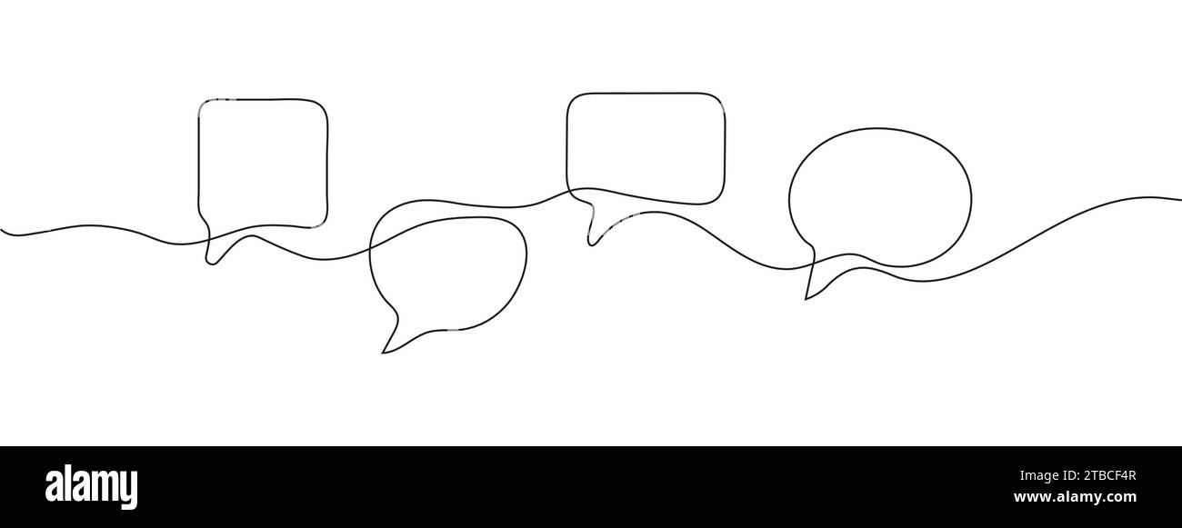 Messaggi, icone di disegno a linee continue del vettore di bolla vocale. Suggerimento, icona conversazione. Illustrazione Vettoriale