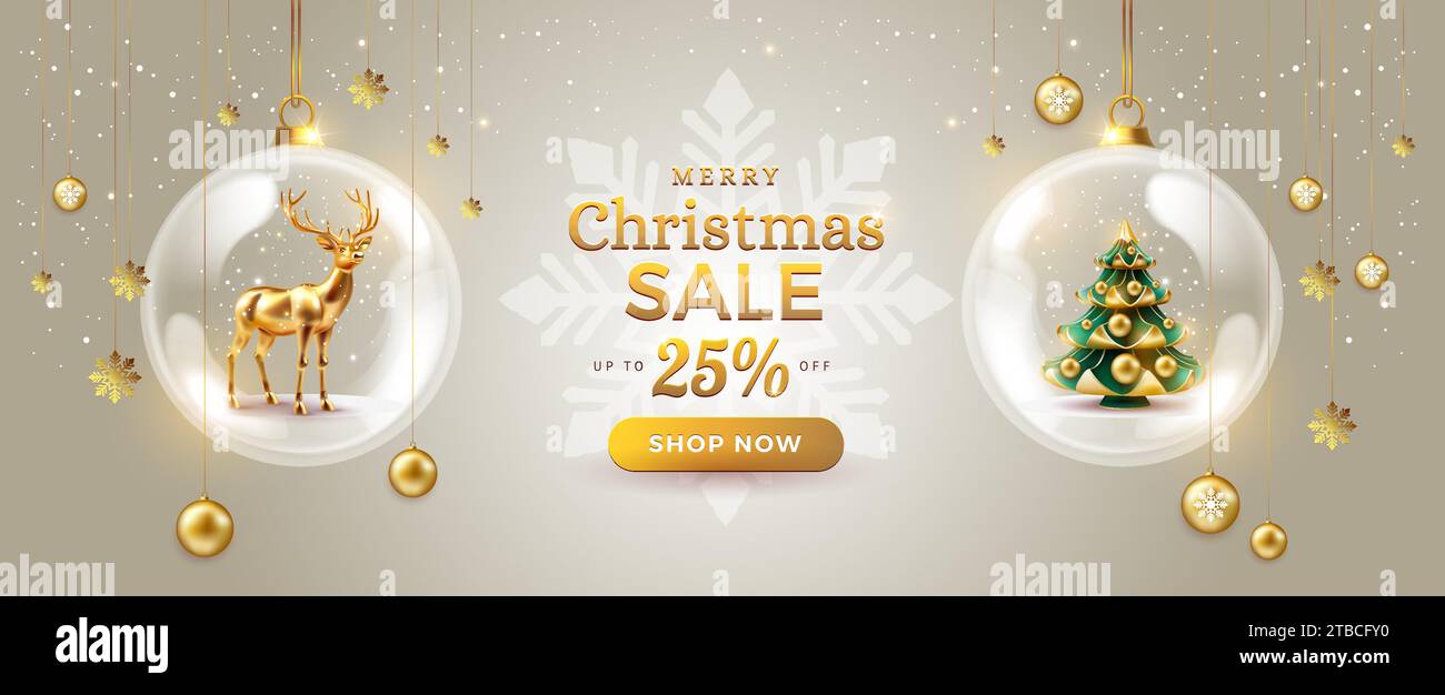 Promozione Merry Christmas sale poster con albero di natale, cervi e sconto del 25% in bauble natalizi in vetro lucido - illustrazione vettoriale f Illustrazione Vettoriale