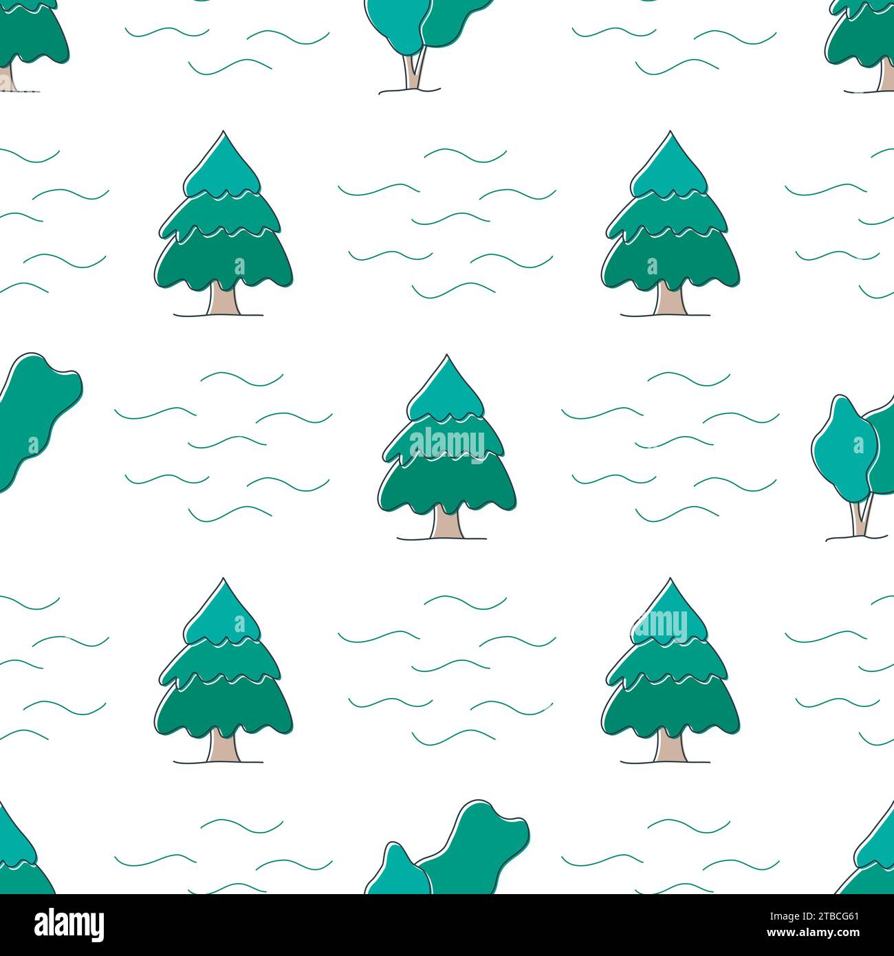 Illustrazione vettoriale di pattern senza cuciture foresta di abeti rossi. Sfondo con pini. Gli alberi stampano per tessuti, carta digitale e imballaggi Illustrazione Vettoriale