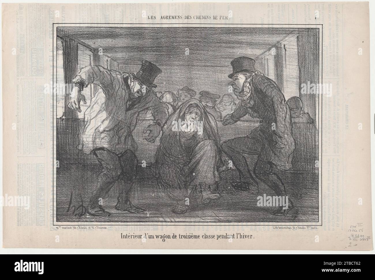 Interieur d'un wagon de troisieme classe..., da Les Agrements des Chemins de Fer, pubblicato su le Charivari, 13 dicembre 1856 1962 da Aaron Martinet Foto Stock