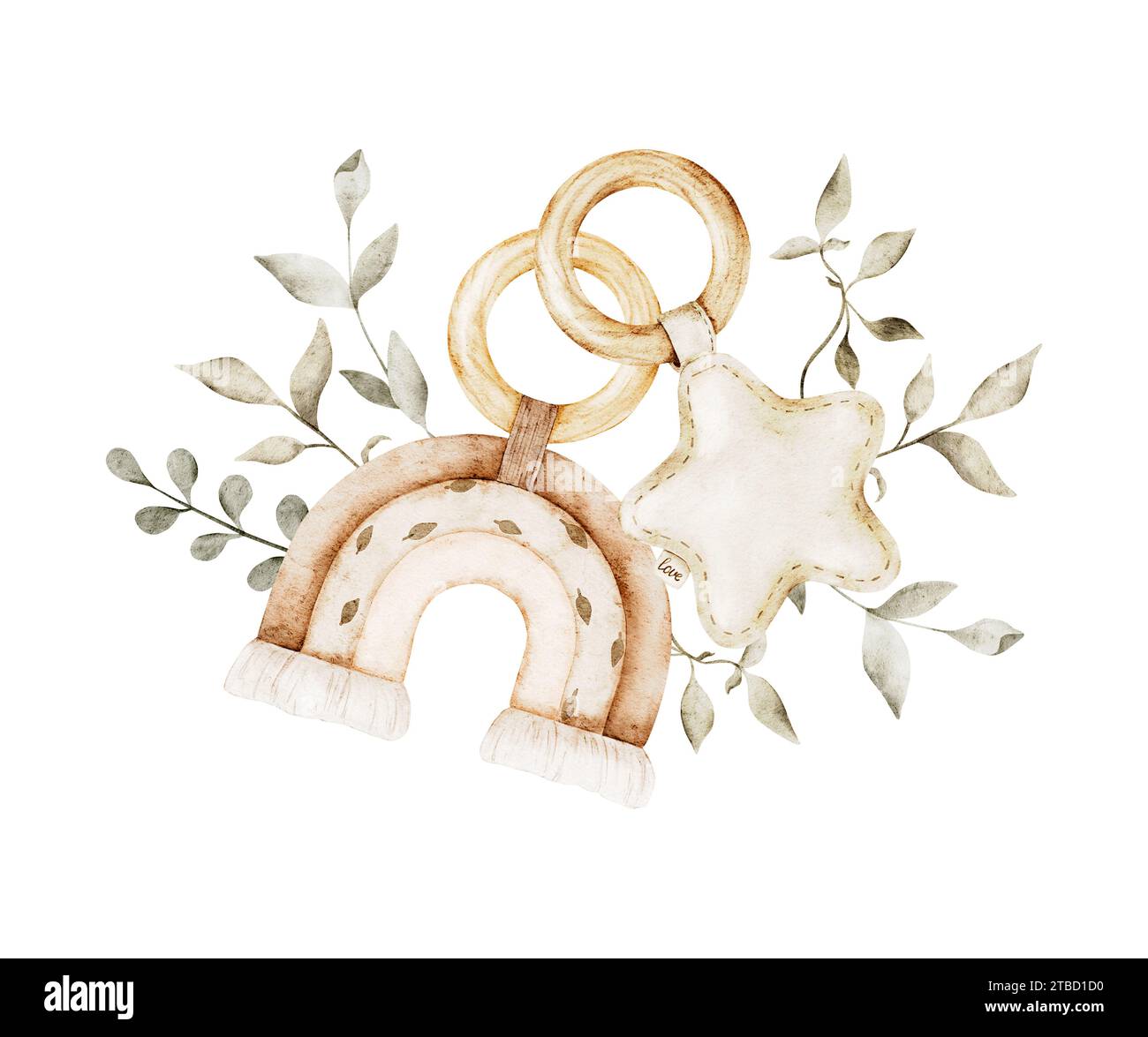 Giocattoli per bambini Star e arcobaleno. Lascia lo sfondo. Illustrazione ad acquerello degli accessori per neonati. Modello per cartoline, poster, docce per bambini, fatt Foto Stock