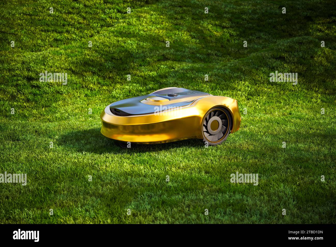 Tosaerba robotica High-Tech Autonomous Gold che opera in un cantiere incontaminato Foto Stock