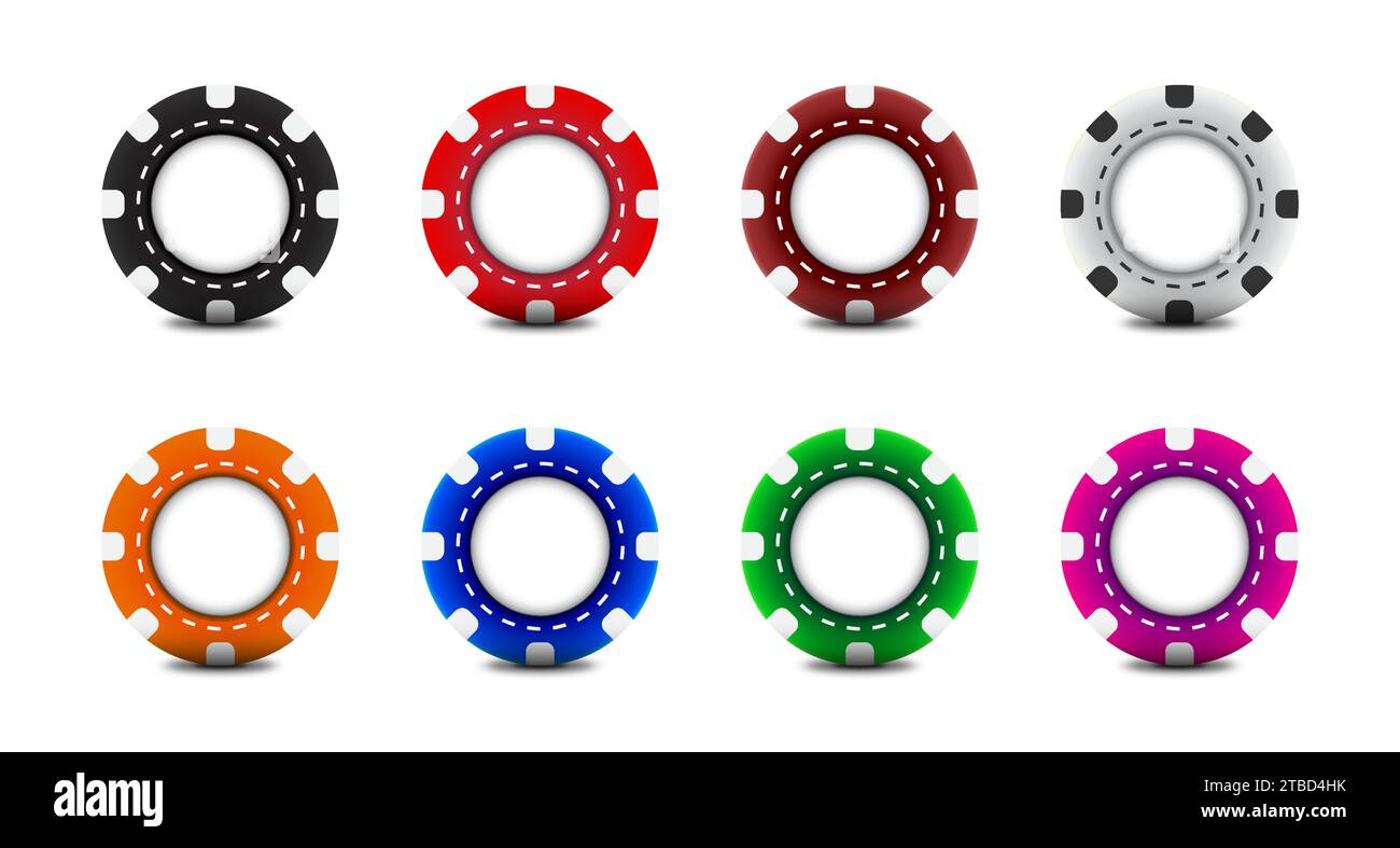 Set di chip poker. Design 3d con colori diversi. Illustrazione del vettore piatto Illustrazione Vettoriale