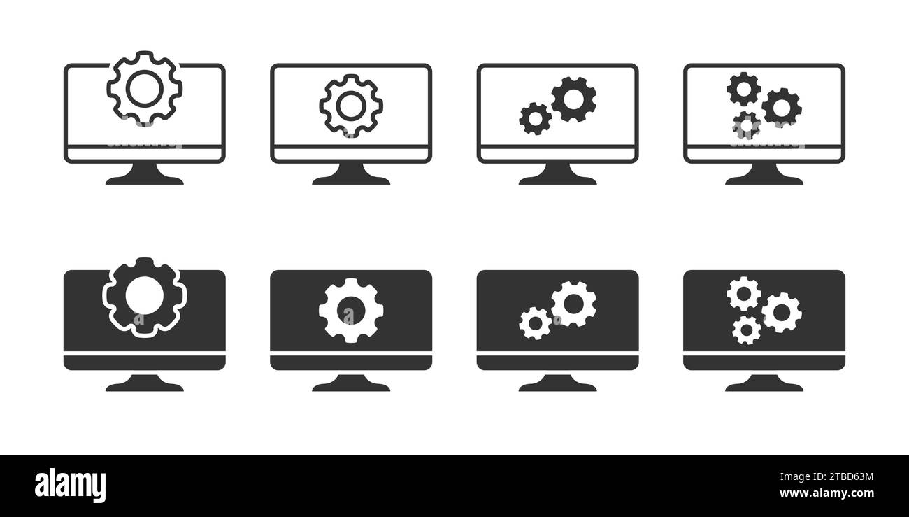 Сomputer icone impostazioni impostate. Simbolo delle opzioni di visualizzazione. Icona computer e ingranaggio. Illustrazione vettoriale Illustrazione Vettoriale