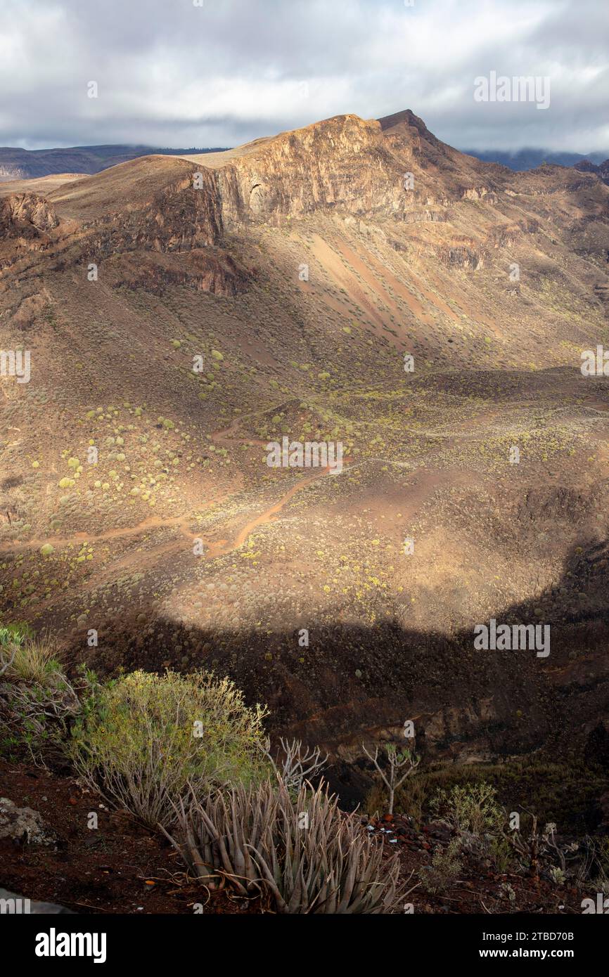 Vista delle montagne nel Parque Natural de Pilancones, Mirador Astronomico de la Degollada de las Yeguas, San Bartolome de Tirajana, Gran Foto Stock