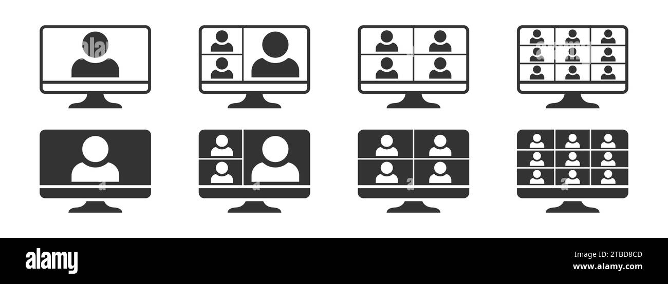 Set di icone per videoconferenze. Icona lavoro in linea. Persone sullo schermo del computer. Illustrazione vettoriale Illustrazione Vettoriale